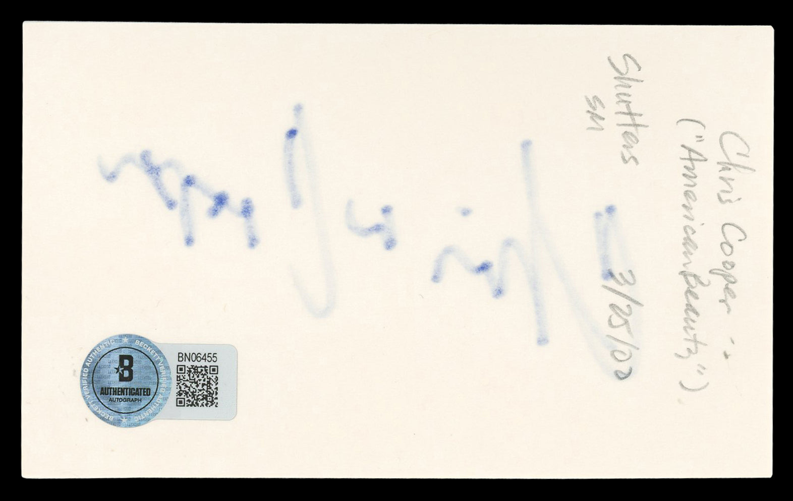 Chris Cooper The Town Authentic Signed 3x5 Index Card Autographed BAS #BN06455