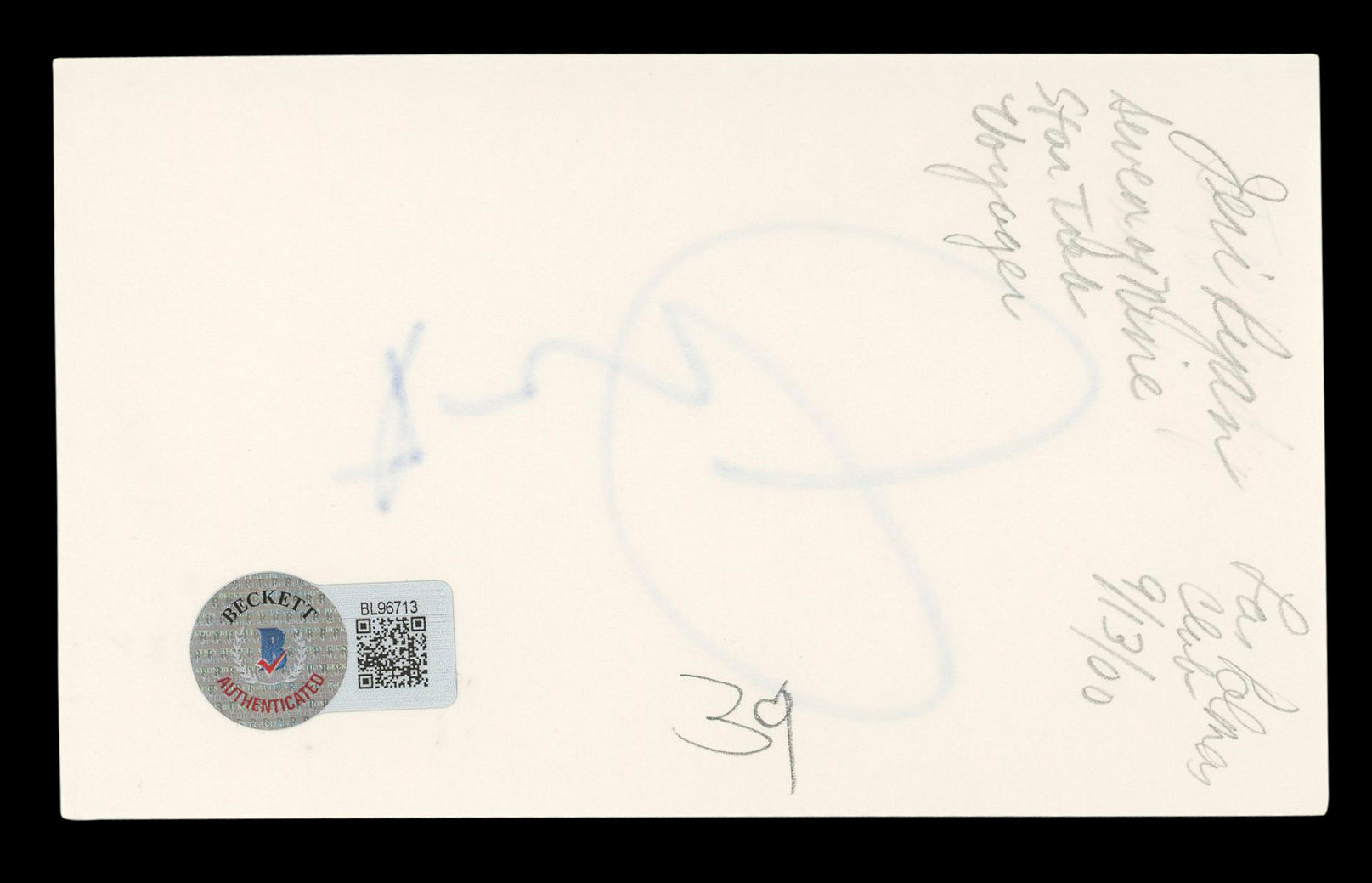 Jeri Ryan Star Trek Voyager Authentic Signed 3x5 Index Card BAS #BL96713