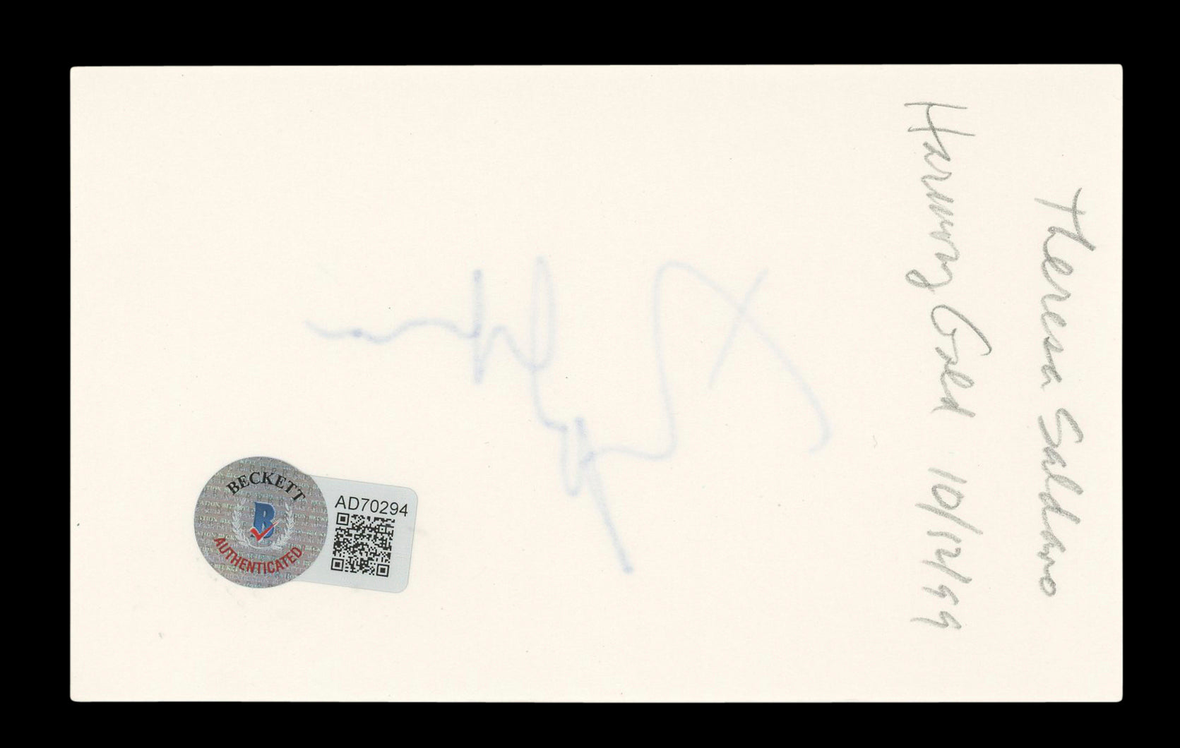 Theresa Saldana The Commish Signed 3x5 Index Card Autographed BAS #AD70294