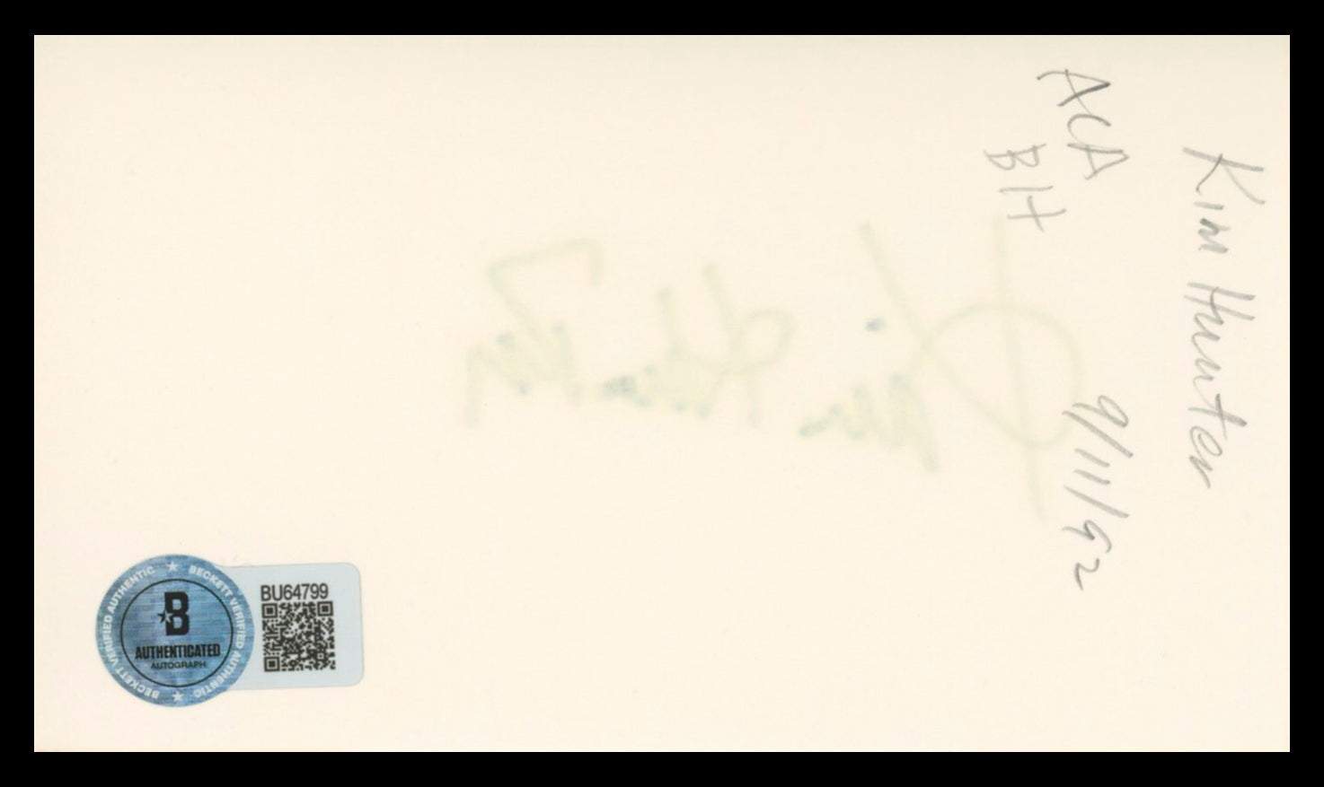 Kim Hunter Planet Of The Apes Authentic Signed 3x5 Index Card BAS #BU64799