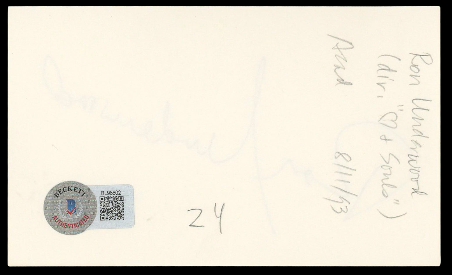 Ron Underwood Heart and Souls Authentic Signed 3x5 Index Card BAS #BL98602