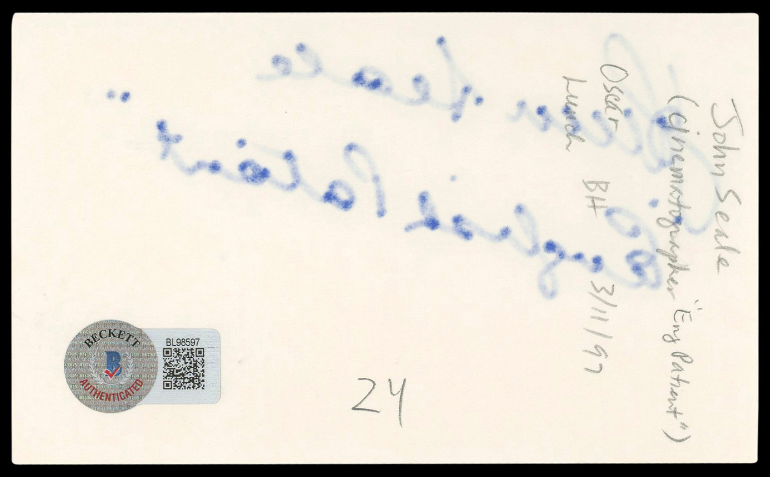 John Seale The English Patient Authentic Signed 3x5 Index Card BAS #BL98597