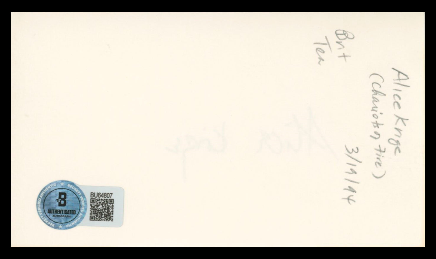 Alice Krige Star Trek First Contact Authentic Signed 3x5 Index Card BAS #BU64807