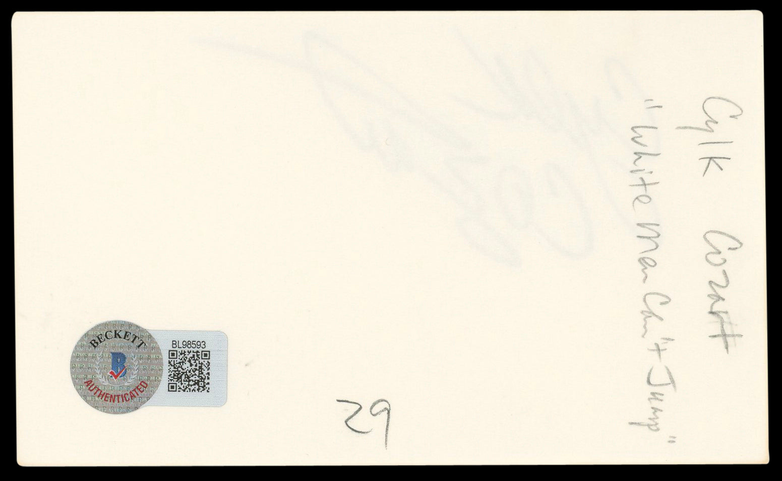 Cylk Cozart White Men Can't Jump Authentic Signed 3x5 Index Card BAS #BL98593