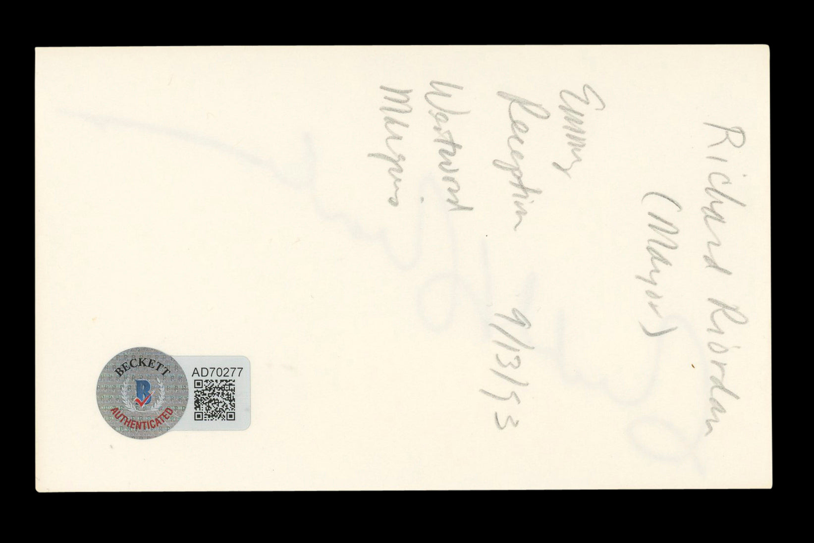 Richard Riordan Mayor Authentic Signed 3x5 Index Card Autographed BAS #AD70277