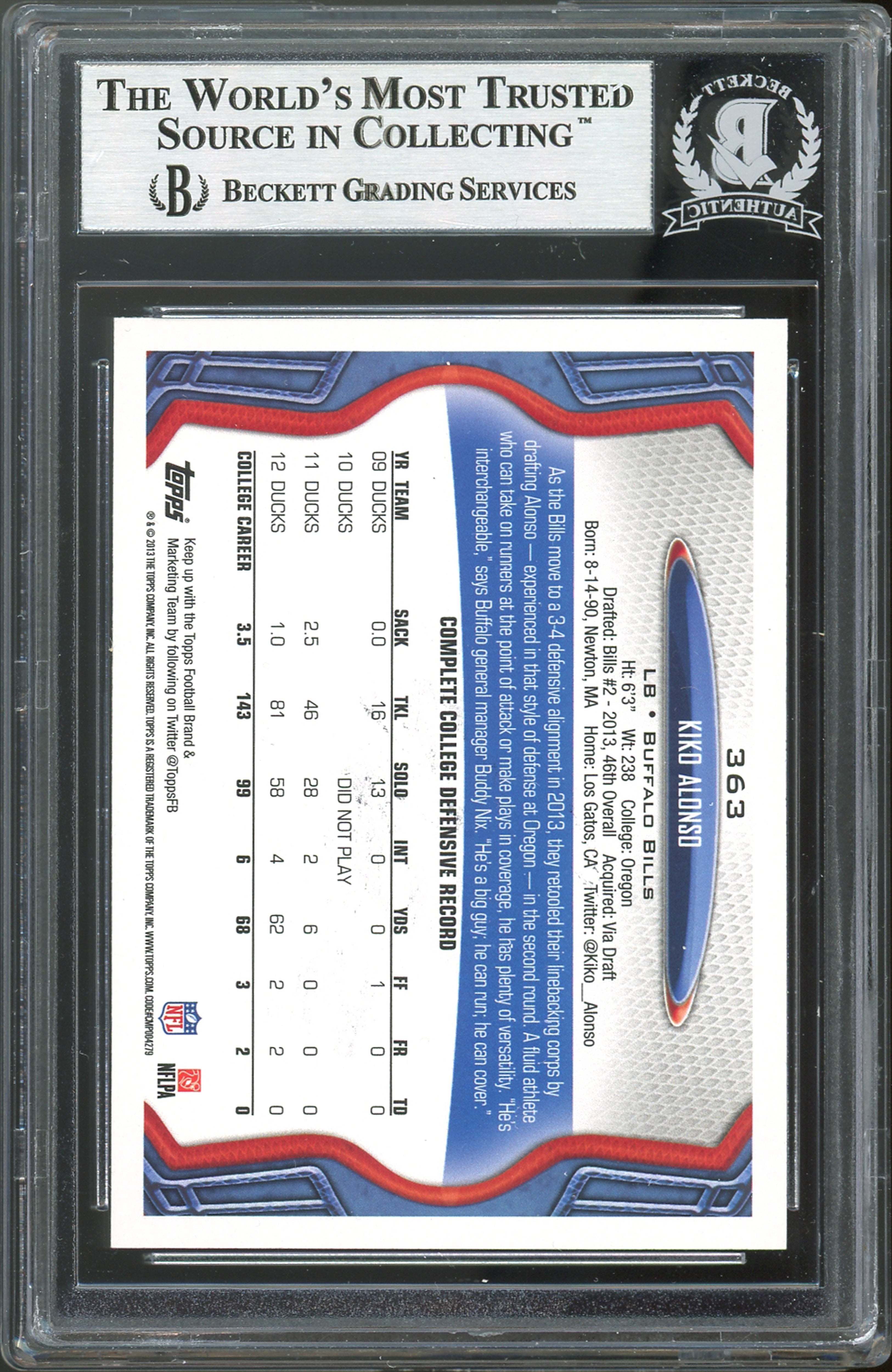 Bills Kiko Alonso Authentic Signed 2013 Topps #363 Rookie Card BAS Slabbed