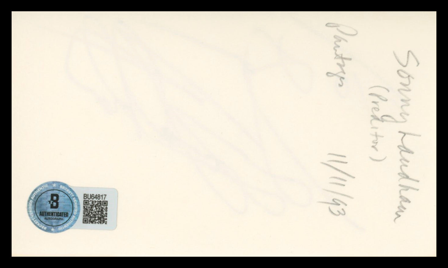 Sonny Landham Predator Authentic Signed 3x5 Index Card Autographed BAS #BU64817