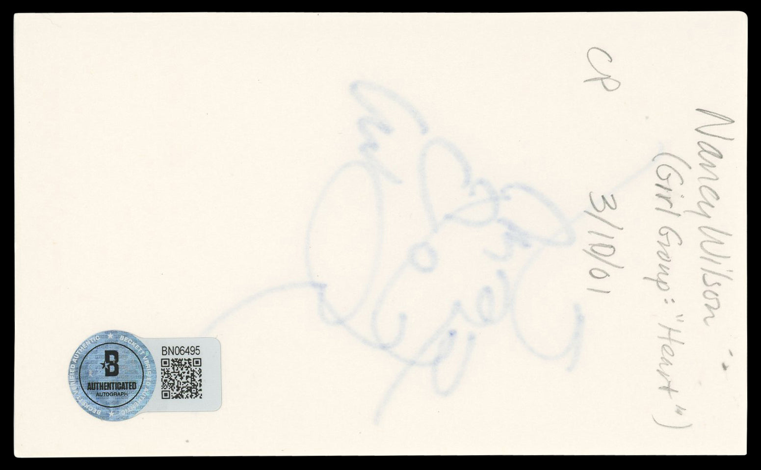 Nancy Wilson Musician Authentic Signed 3x5 Index Card Autographed BAS #BN06495