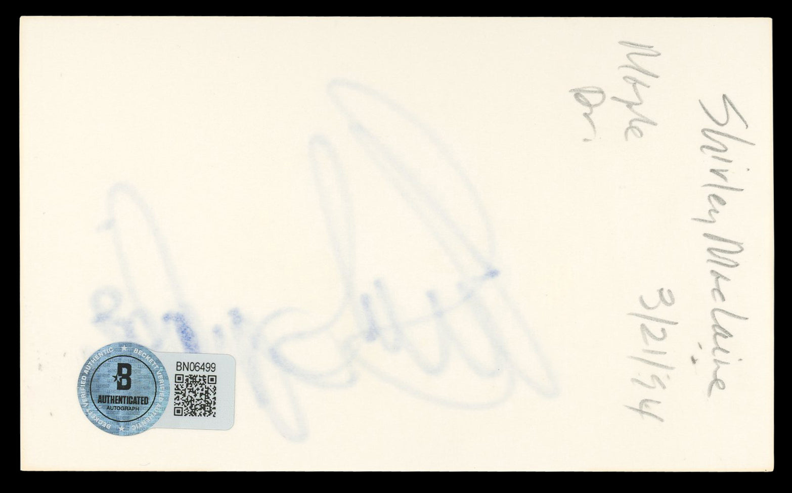 Shirley MacLaine Terms of Endearment Signed 3x5 Index Card BAS #BN06499