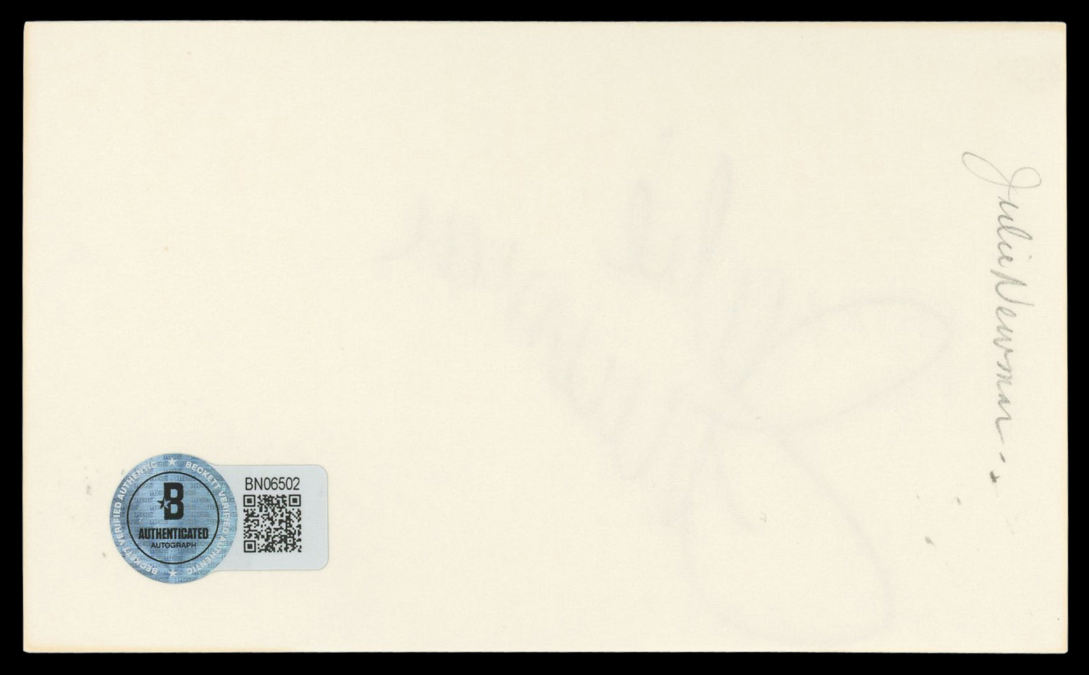 Julie Newmar The Marriage-Go-Round Authentic Signed 3x5 Index Card BAS #BN06502