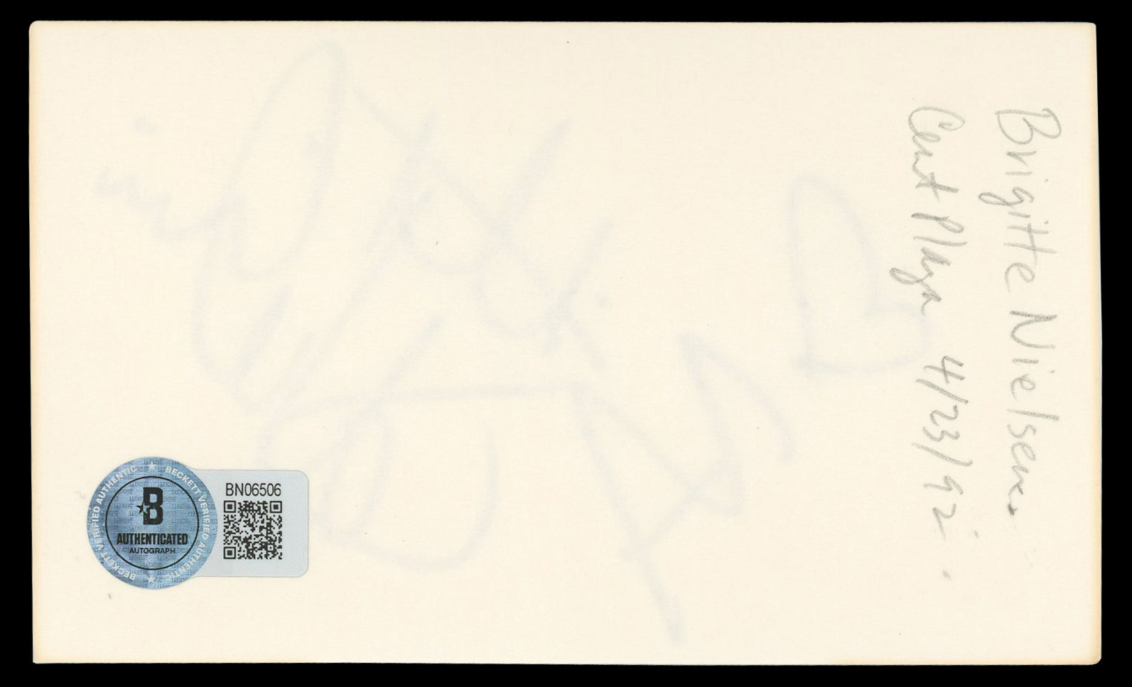 Brigitte Nielsen Red Sonja "Hearts" Authentic Signed 3x5 Index Card BAS #BN06506
