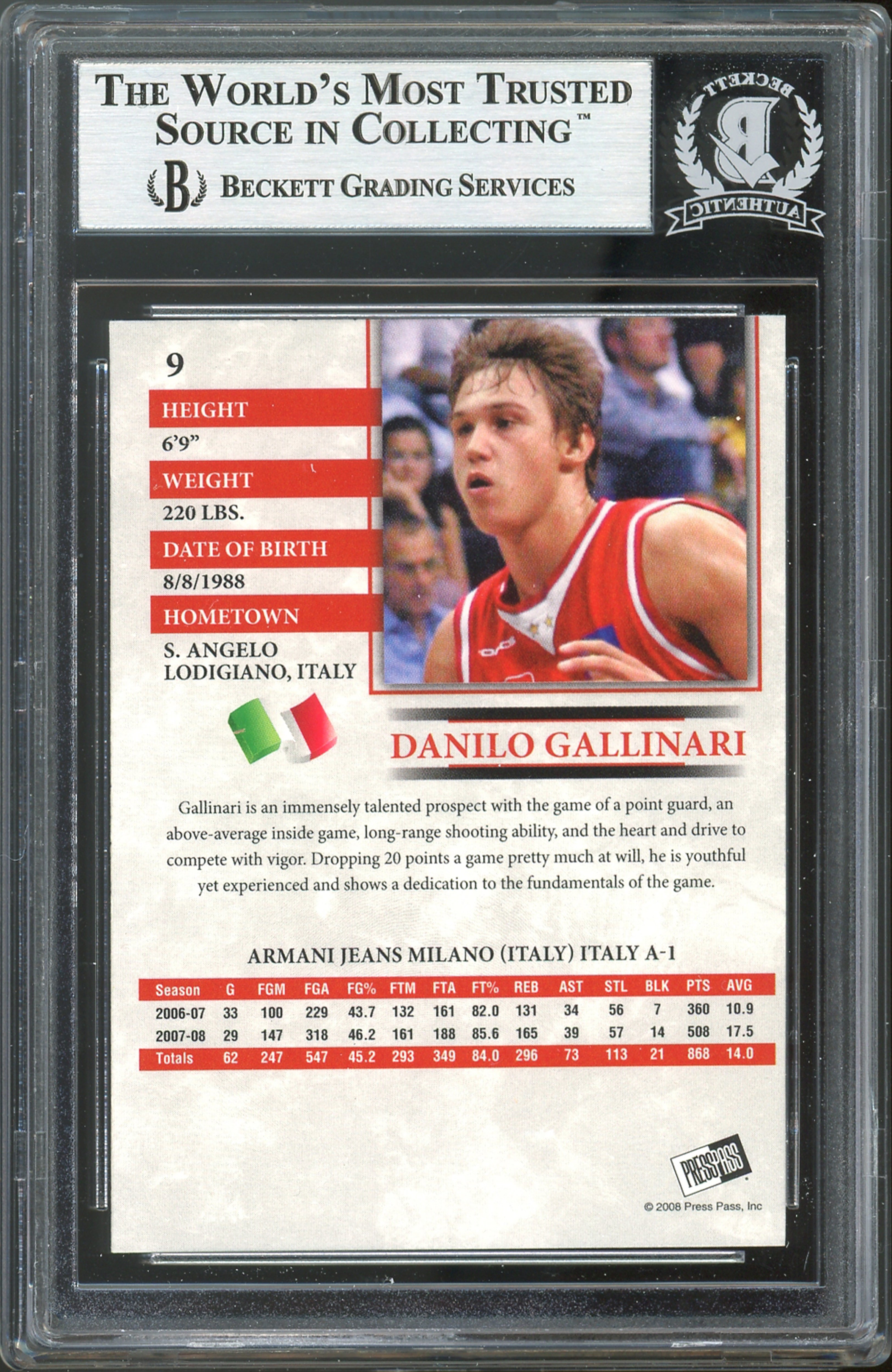 Thunder Danilo Gallinari Authentic Signed 2008 Press Pass #9 Card BAS Slabbed
