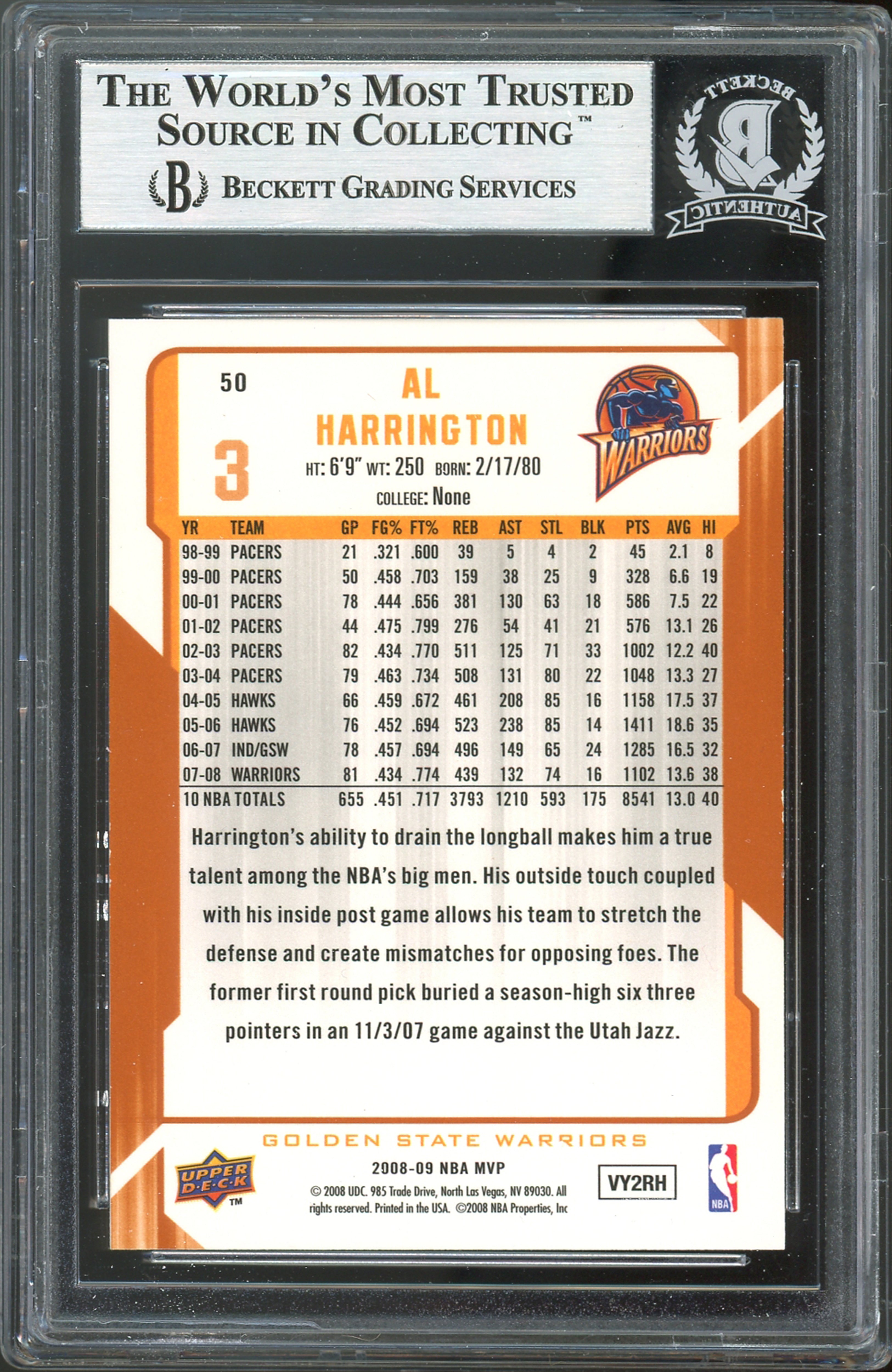 Warriors Al Harrington Authentic Signed 2008 Upper Deck MVP #50 Card BAS Slabbed