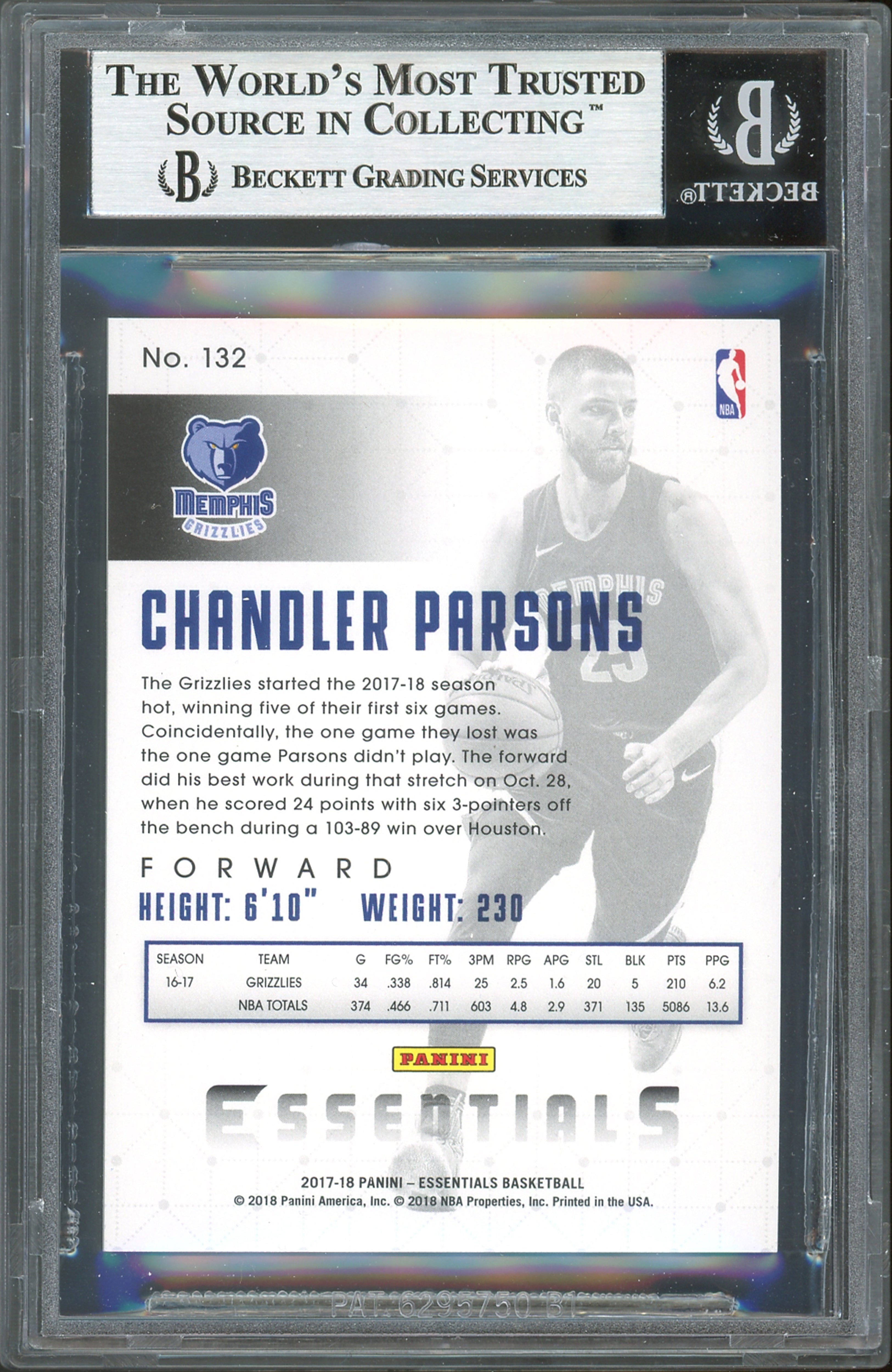 Grizzlies Chandler Parsons Signed 2017 Panini Essential Green #132 Card BAS Slab