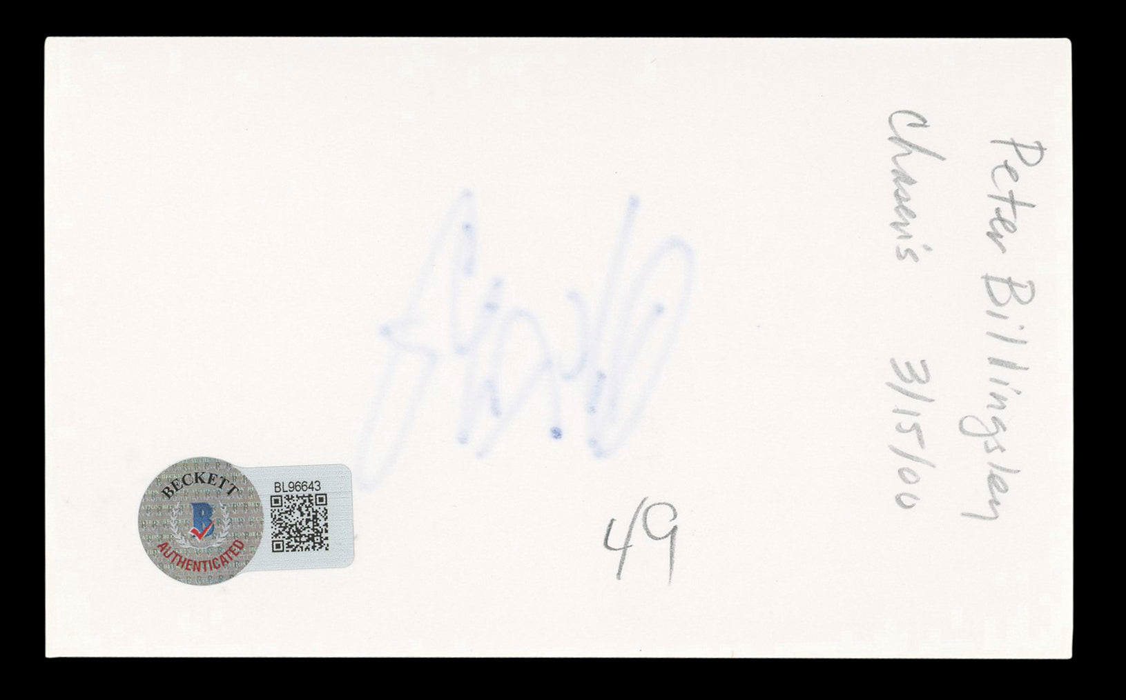 Peter Billingsley A Christmas Story Authentic Signed 3x5 Index Card BAS #BL96643