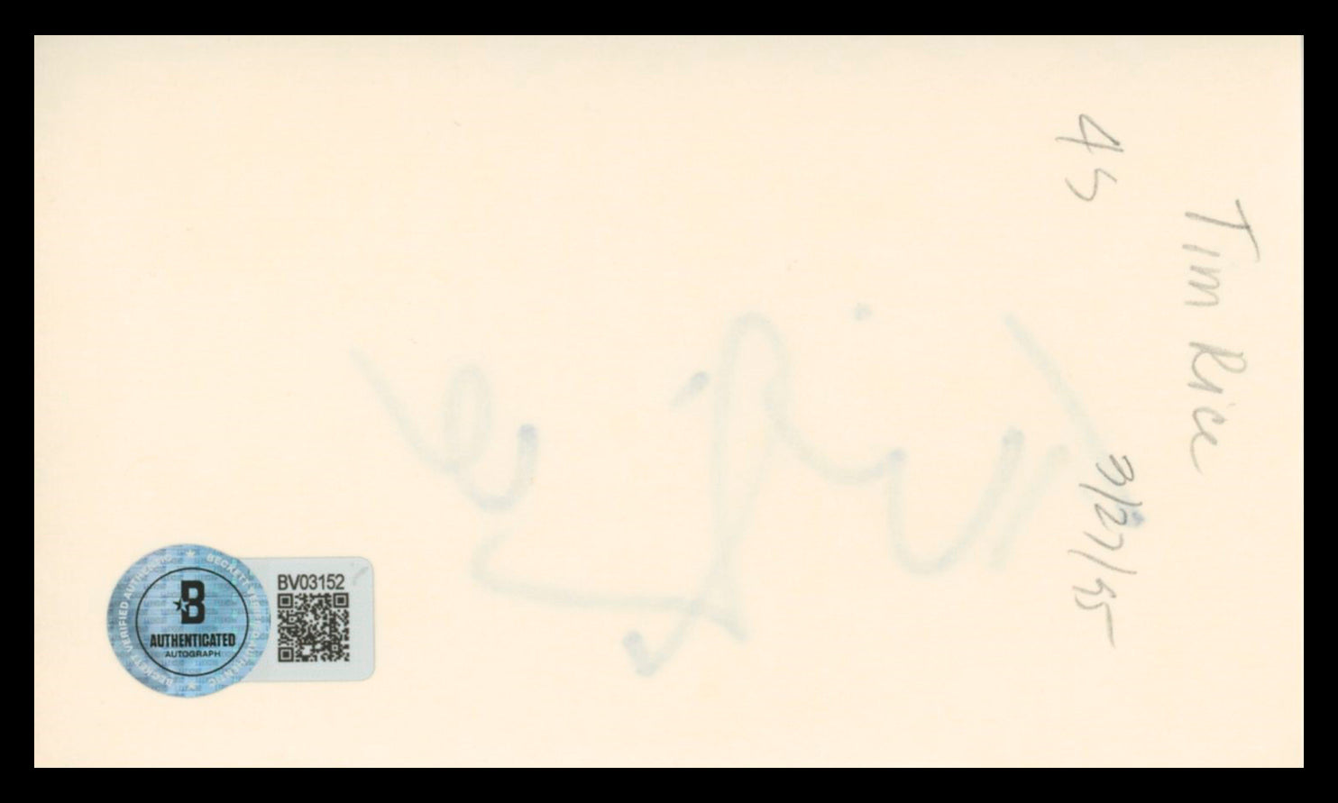 Tim Rice Aladdin Authentic Signed 3x5 Index Card Autographed BAS #BV03152