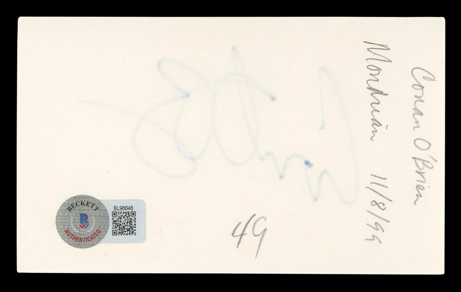 Conan O'Brien The Tonight Show Authentic Signed 3x5 Index Card BAS #BL96648