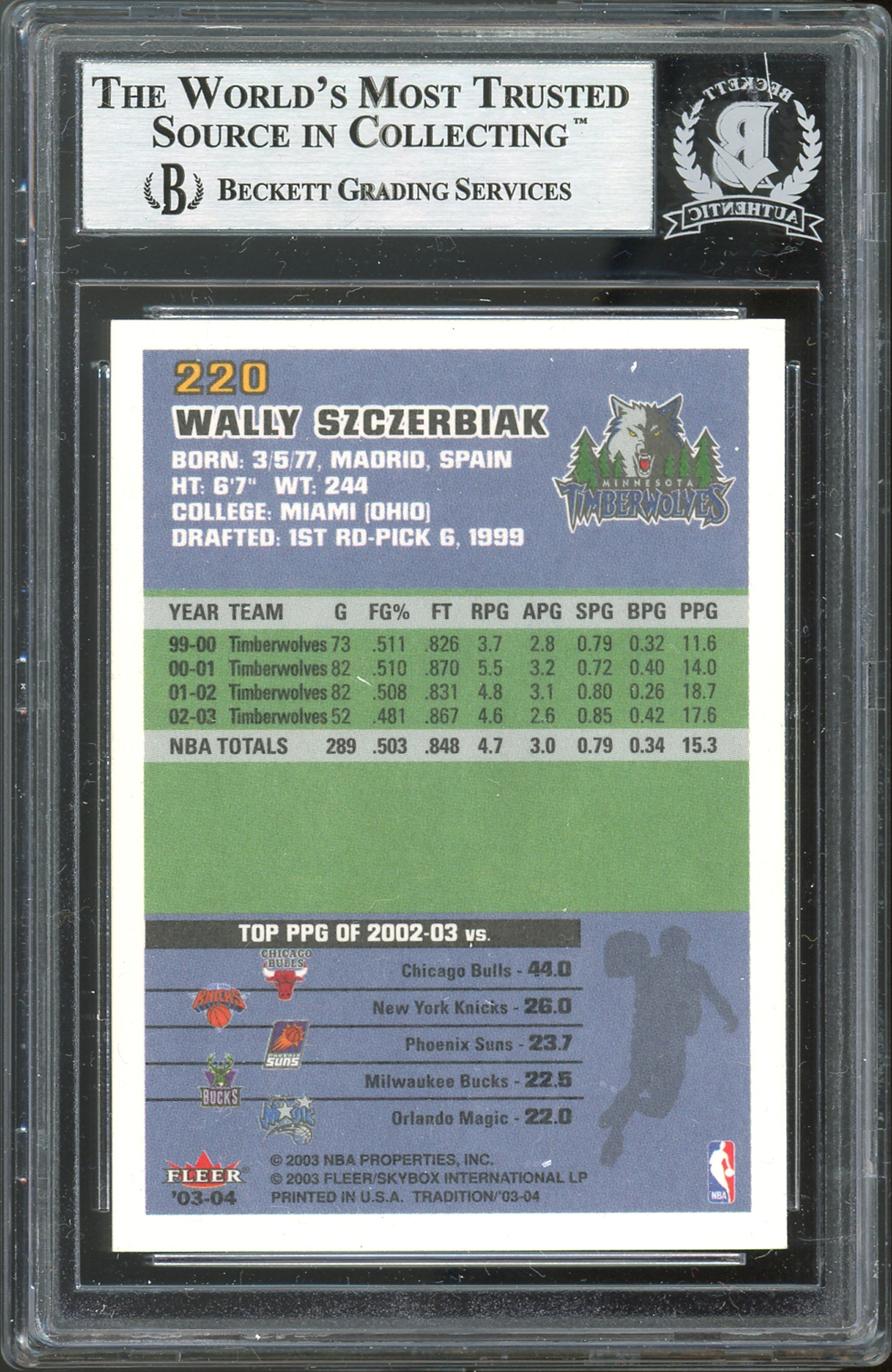 Timberwolves Wally Szczerbiak Signed 2003 Fleer Tradition #220 Card BAS Slabbed