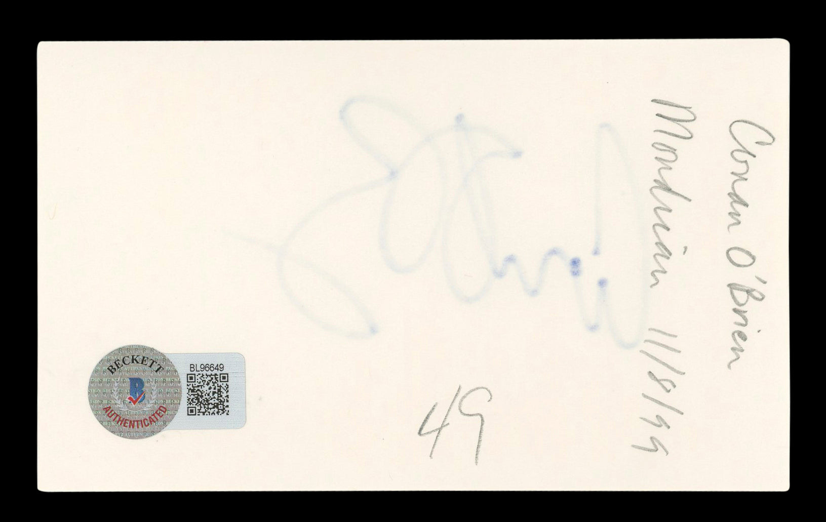 Conan O'Brien The Tonight Show Authentic Signed 3x5 Index Card BAS #BL96649