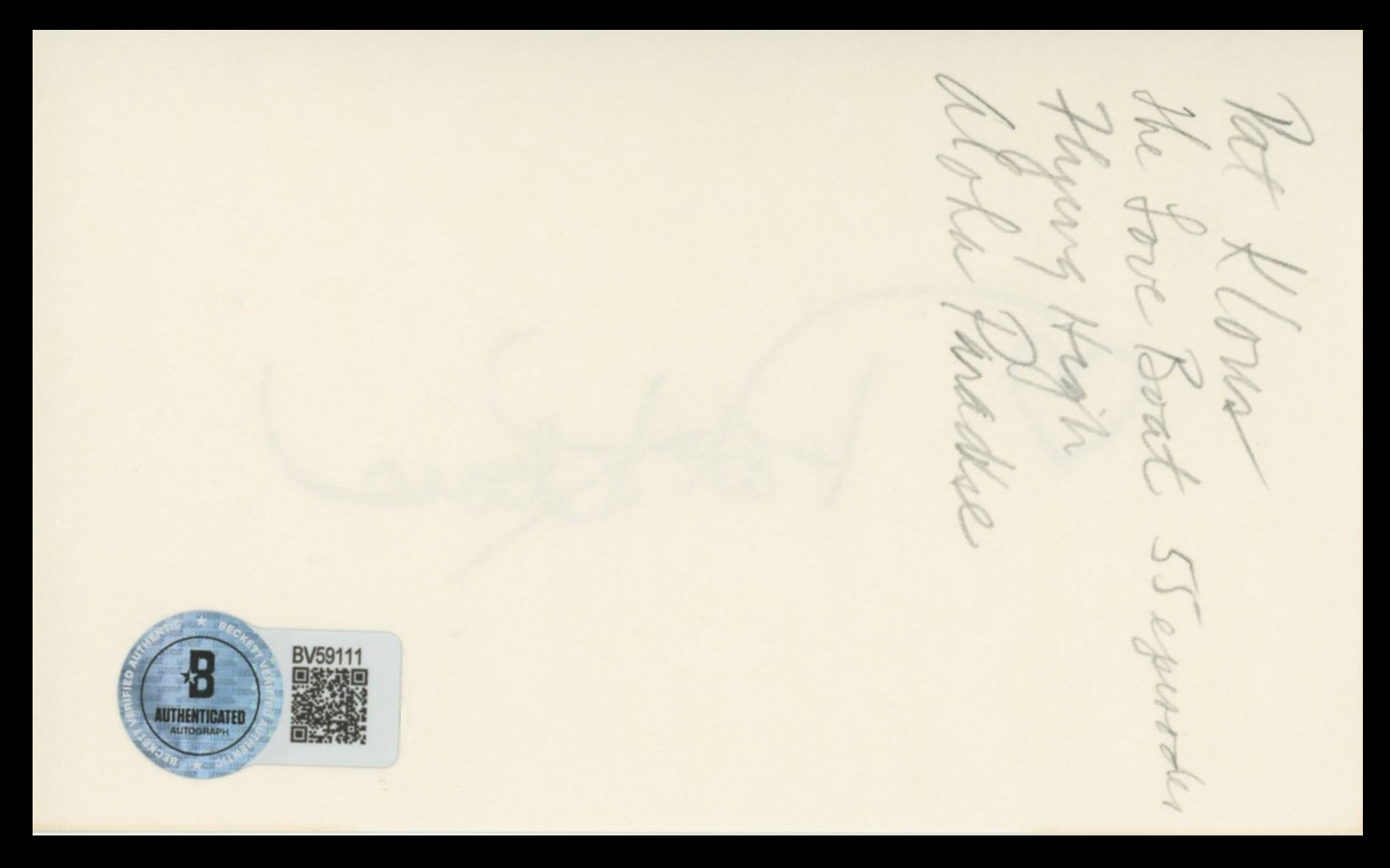 Pat Klous Flying High Authentic Signed 3x5 Index Card Autographed BAS #BV59111