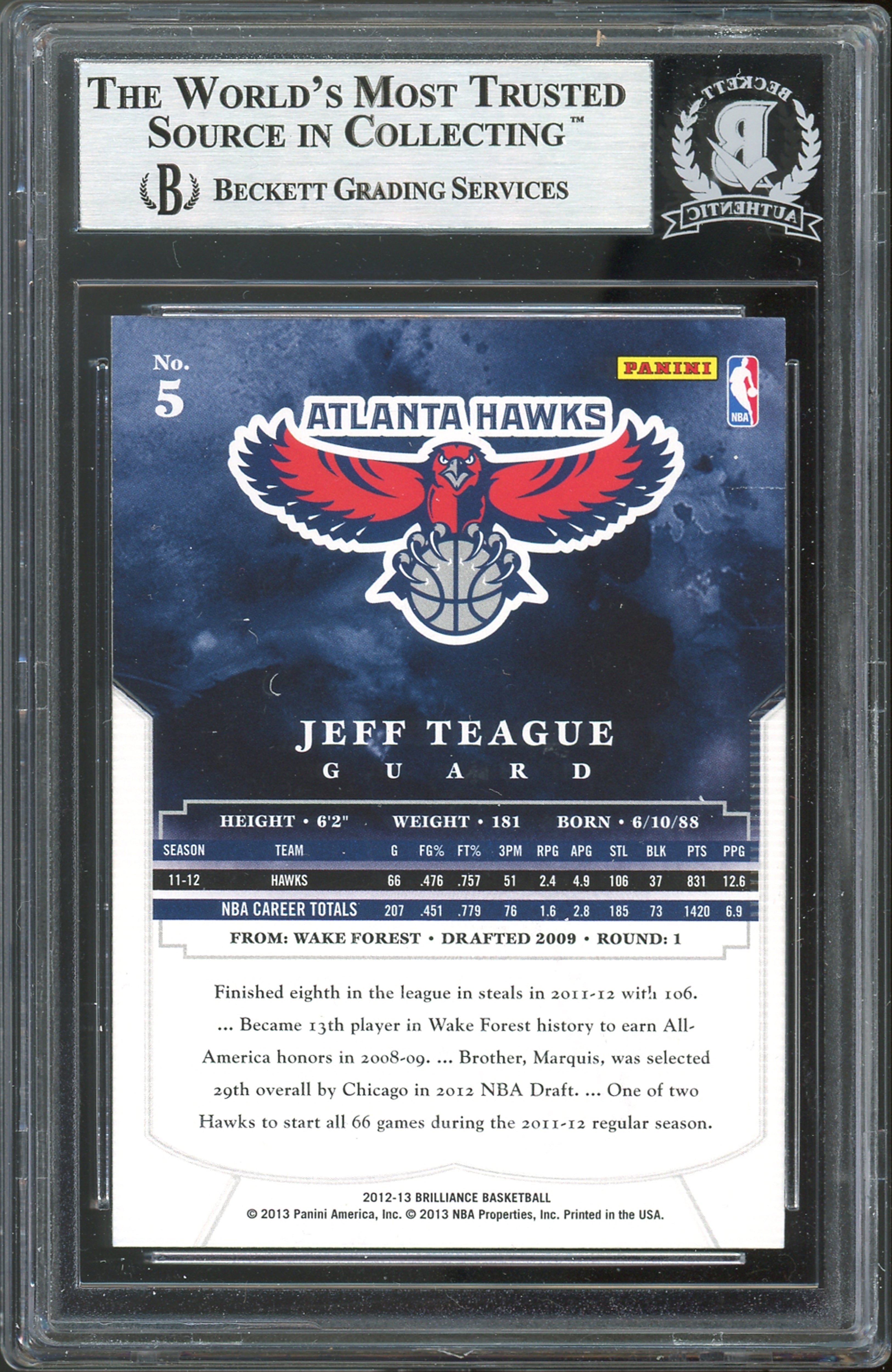 Hawks Jeff Teague Authentic Signed 2012 Panini Brilliance #5 Card BAS Slabbed