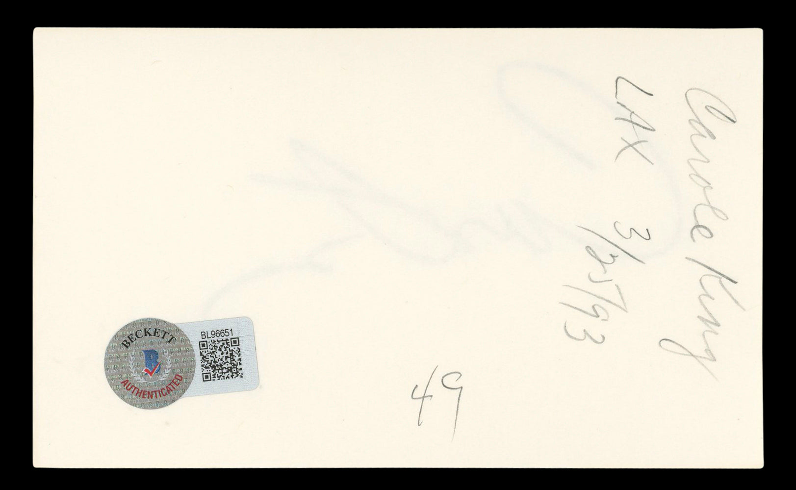 Carole King Musician Authentic Signed 3x5 Index Card Autographed BAS #BL96651