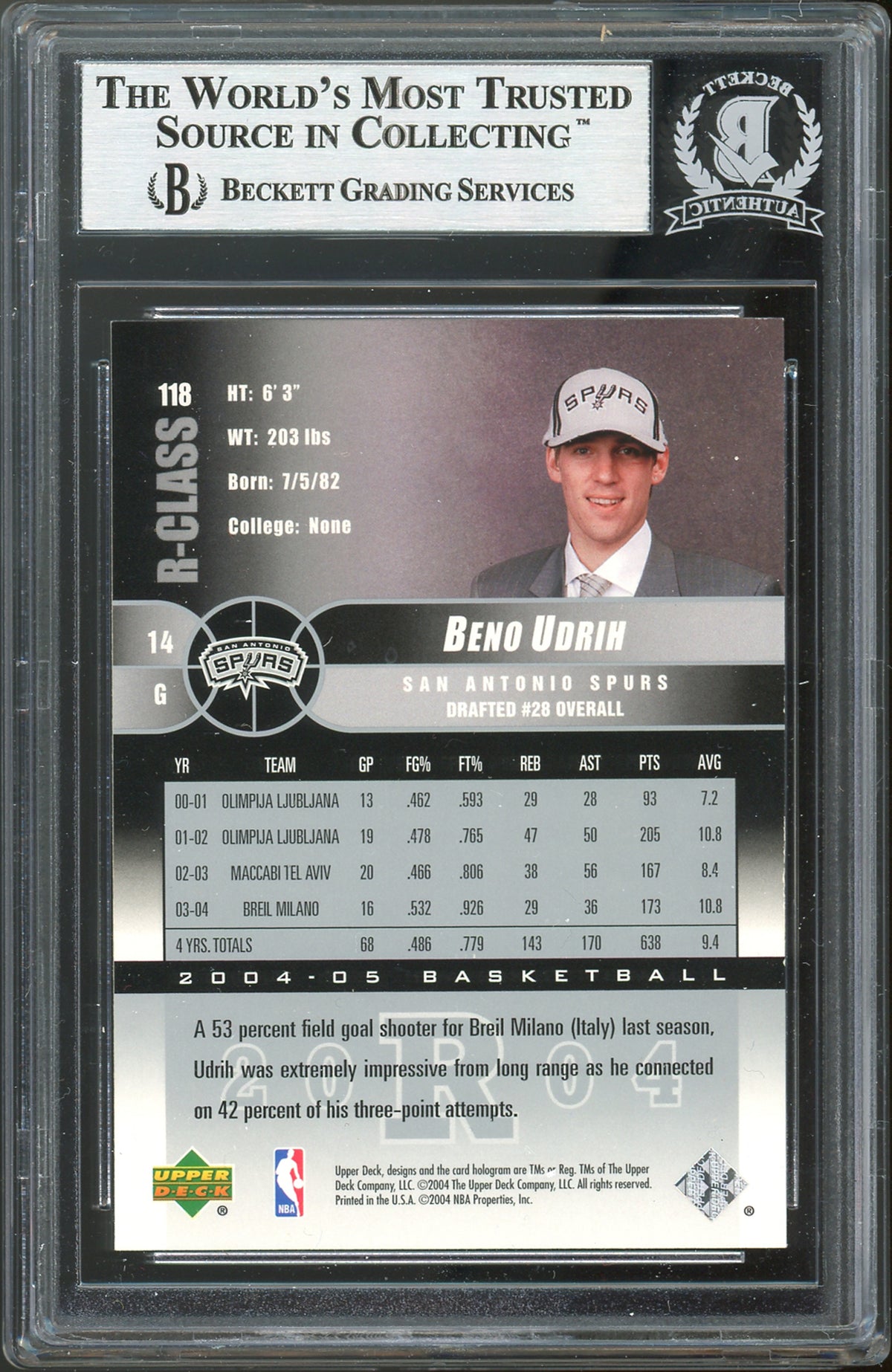 Spurs Beno Udrih Authentic Signed 2004 Upper Deck R-Class #118 Card BAS Slabbed