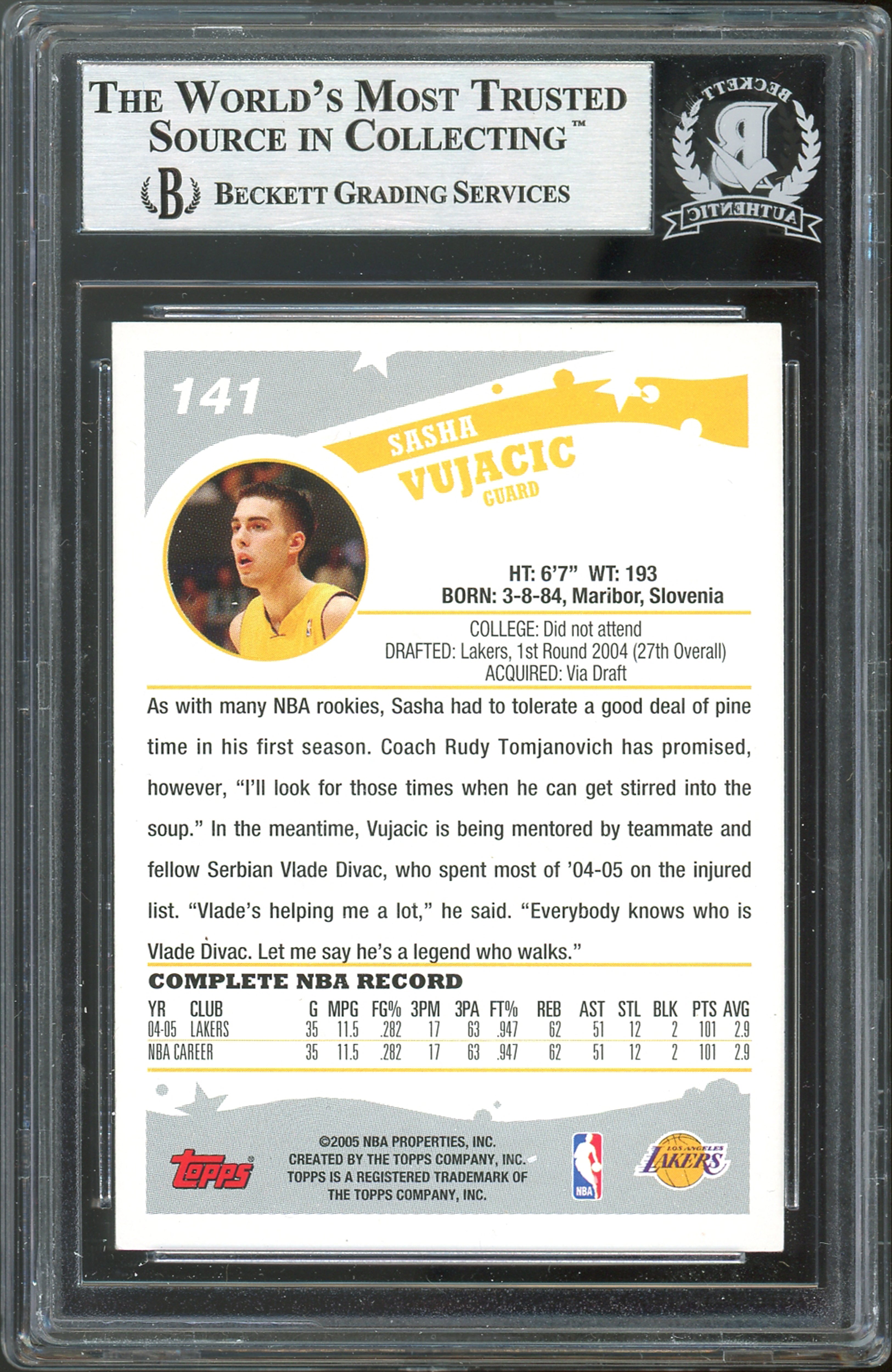 Lakers Sasha Vujacic Authentic Signed 2005 Topps #141 Card BAS Slabbed