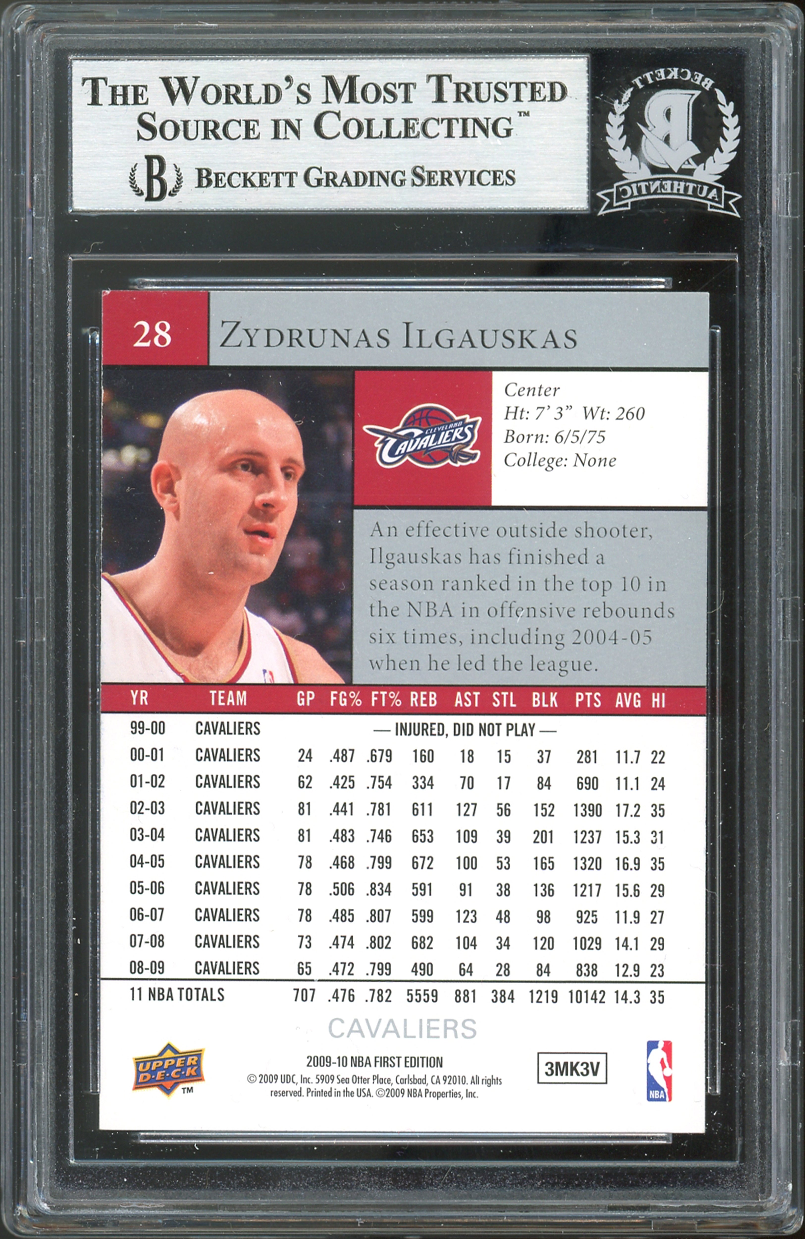 Cavaliers Zydrunas Ilgauskas Signed 2009 UD First Edition #28 Card BAS Slabbed