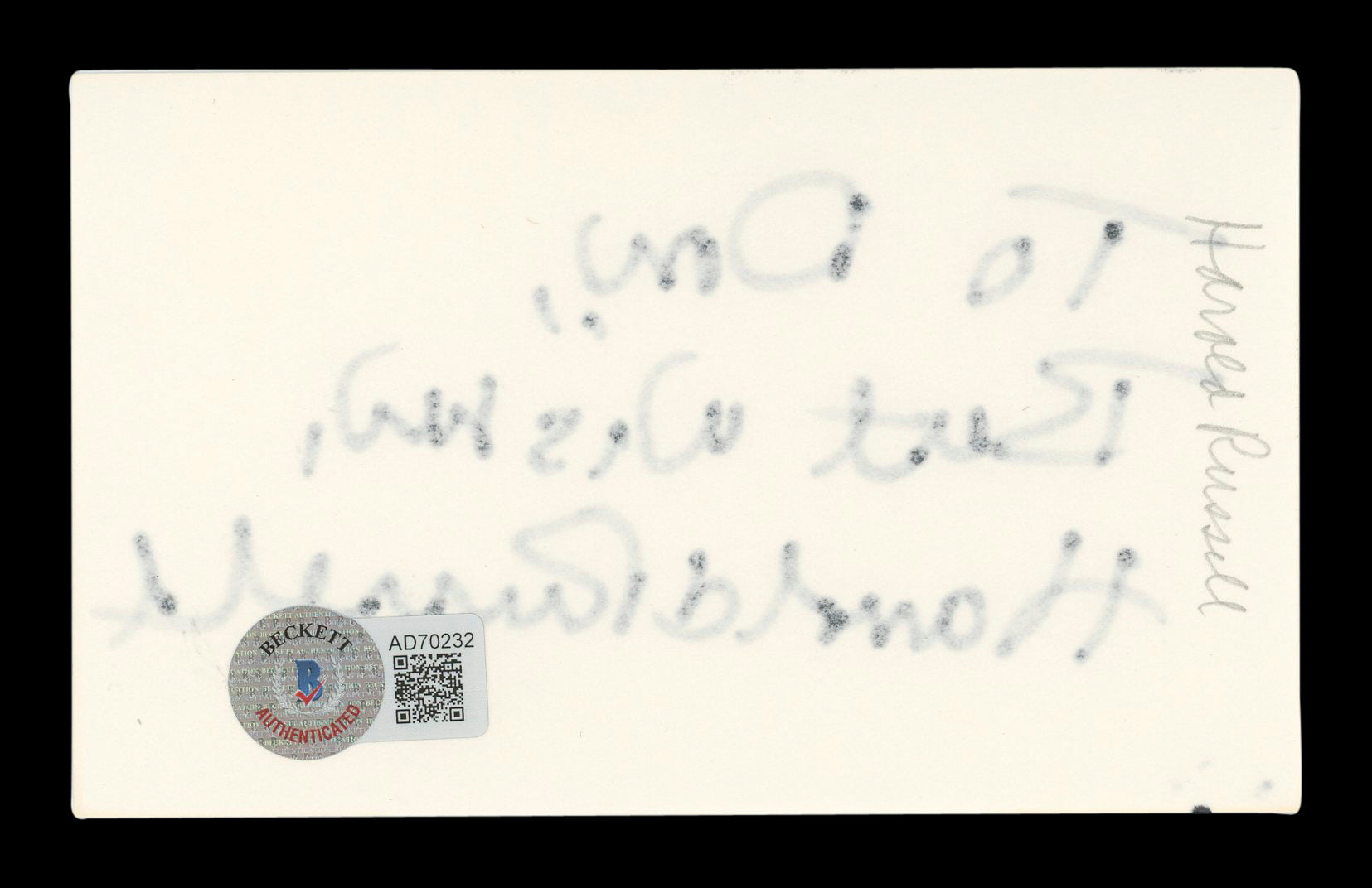 Harold Russell Dogtown "To Don, Best Wishes" Signed 3x5 Index Card BAS #AD70232
