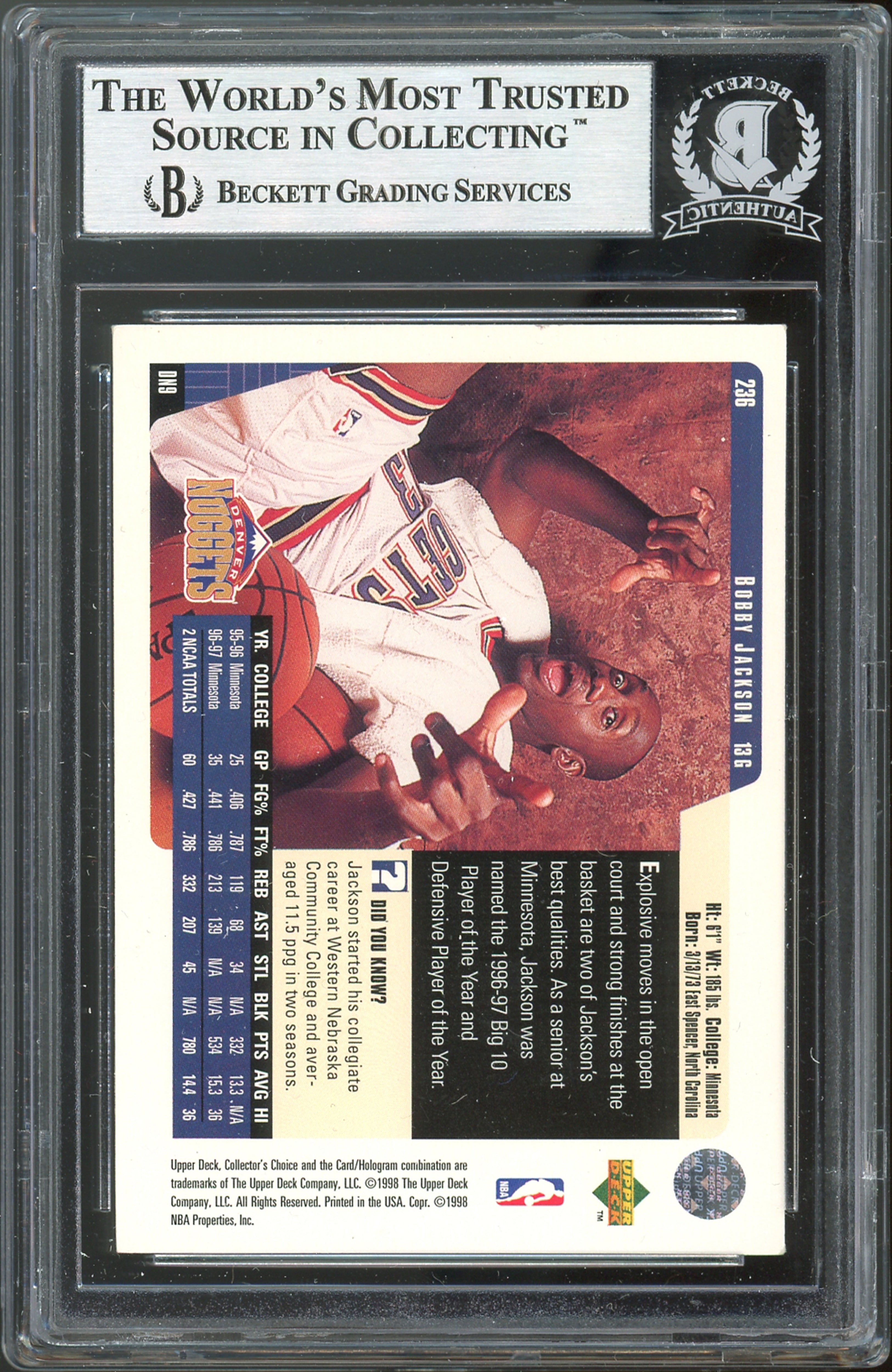 Nuggets Bobby Jackson Signed 1997 Collector's Choice #236 Card BAS Slabbed