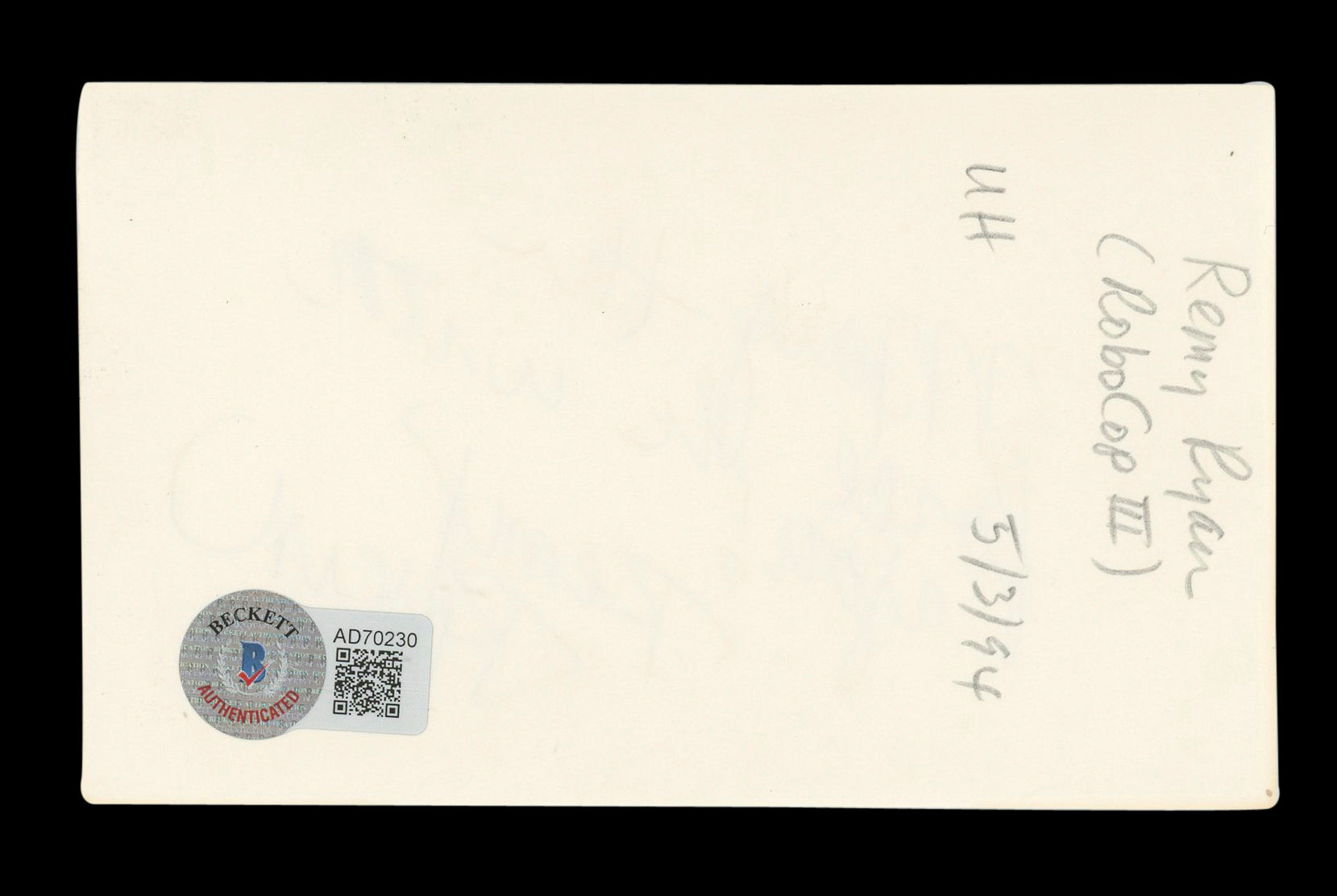 Remy Ryan RoboCop 3 "the force be with you!" Signed 3x5 Index Card BAS #AD70230