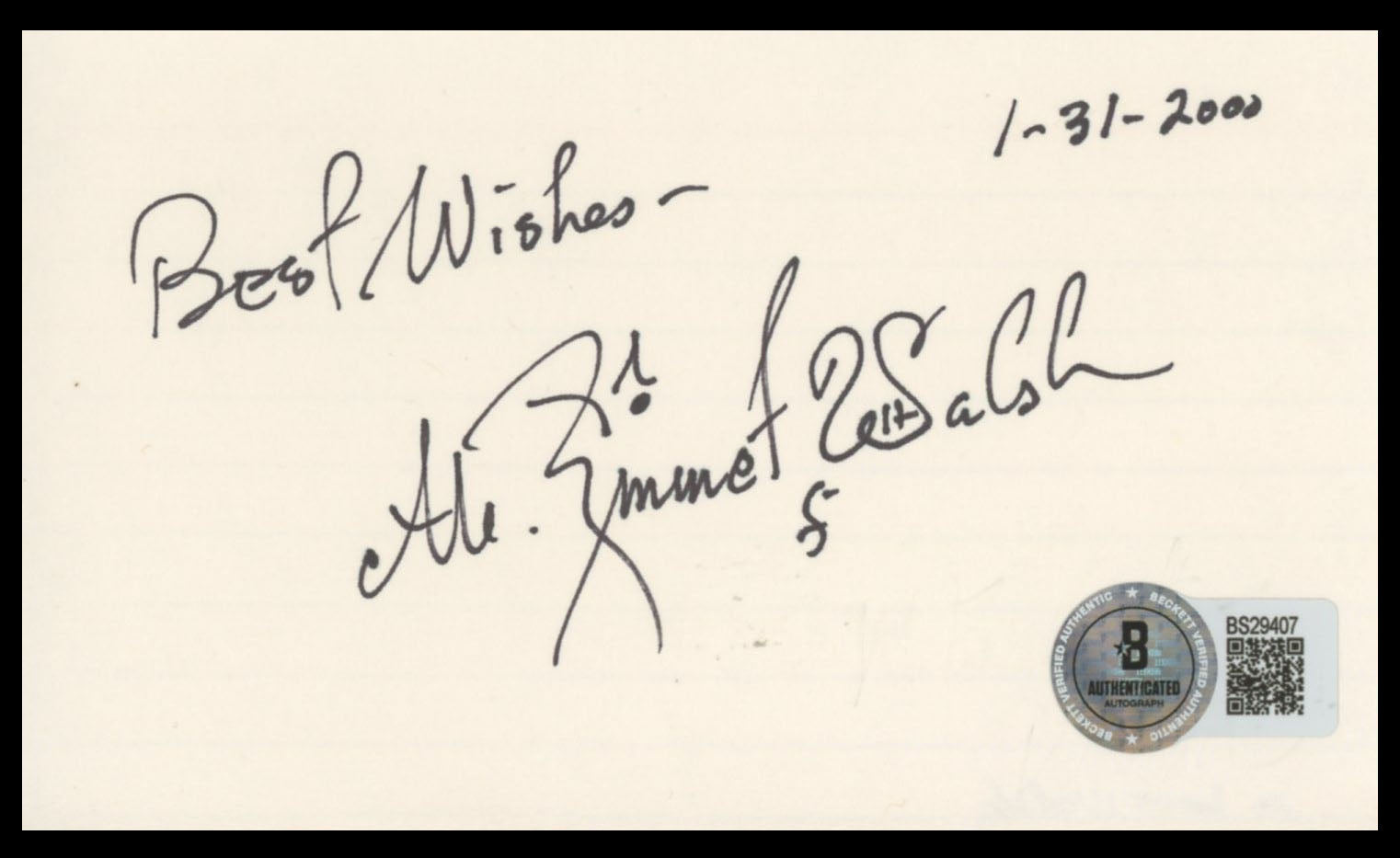 M. Emmet Walsh Big Little Man "Best Wishes" Signed 3x5 Index Card BAS #BS29407