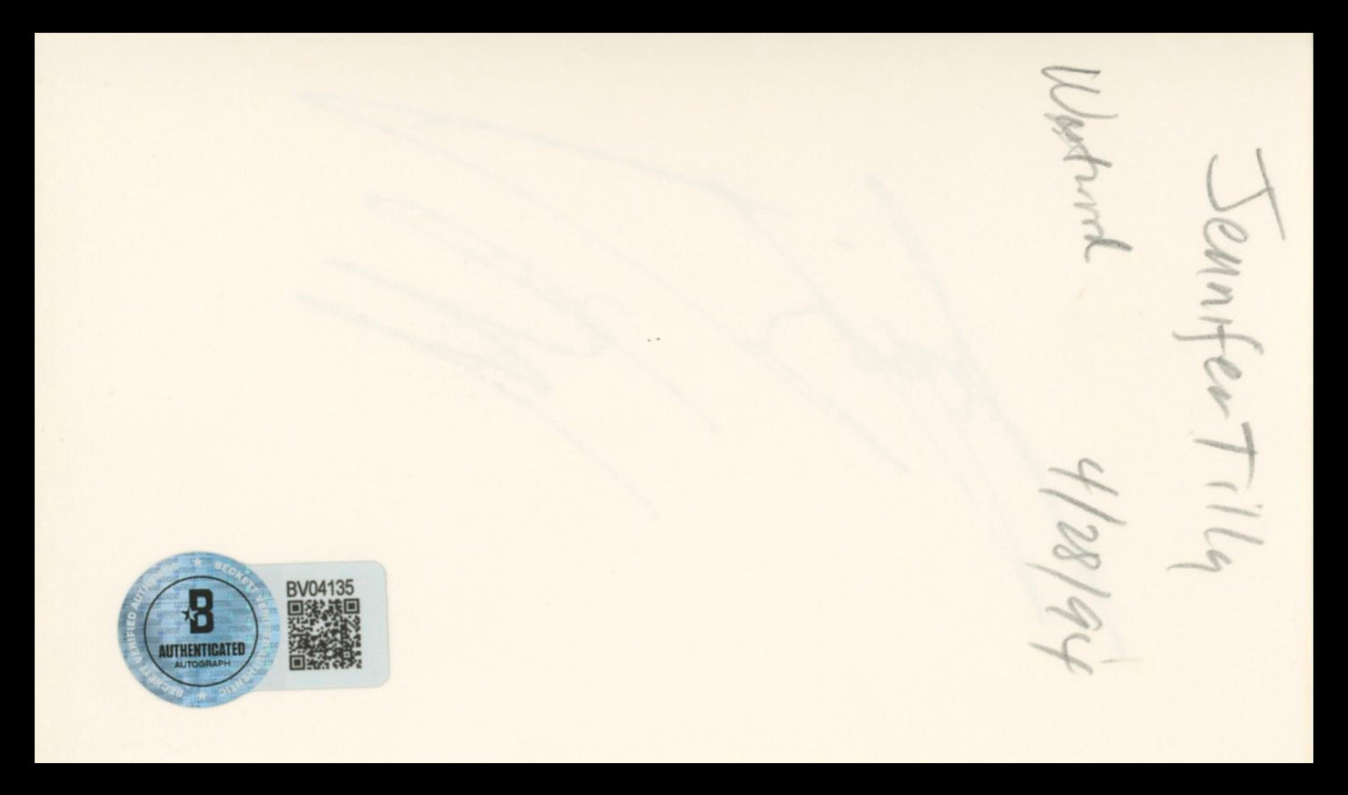 Jennifer Tilly Bride of Chucky Authentic Signed 3x5 Index Card BAS #BV04135