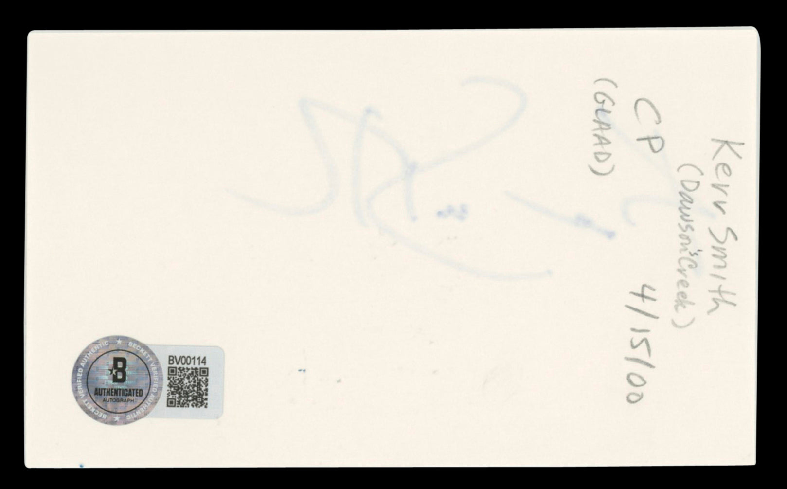 Kerr Smith Dawson's Creek Authentic Signed 3x5 Index Card BAS #BV00114