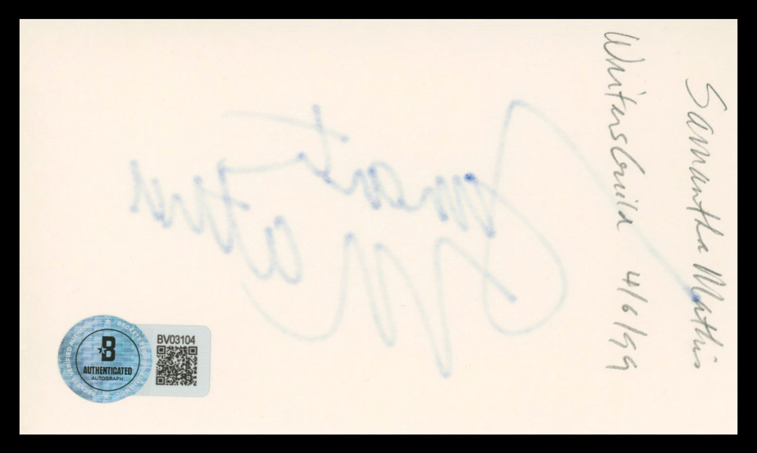 Samantha Mathis American Psycho Authentic Signed 3x5 Index Card BAS #BV03104