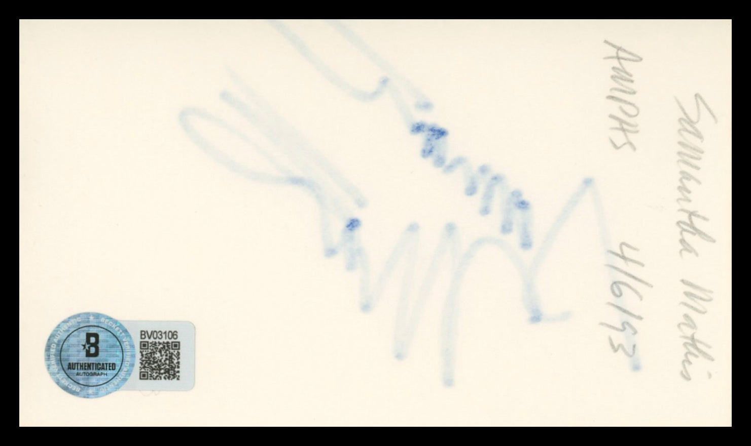 Samantha Mathis American Psycho Authentic Signed 3x5 Index Card BAS #BV03106