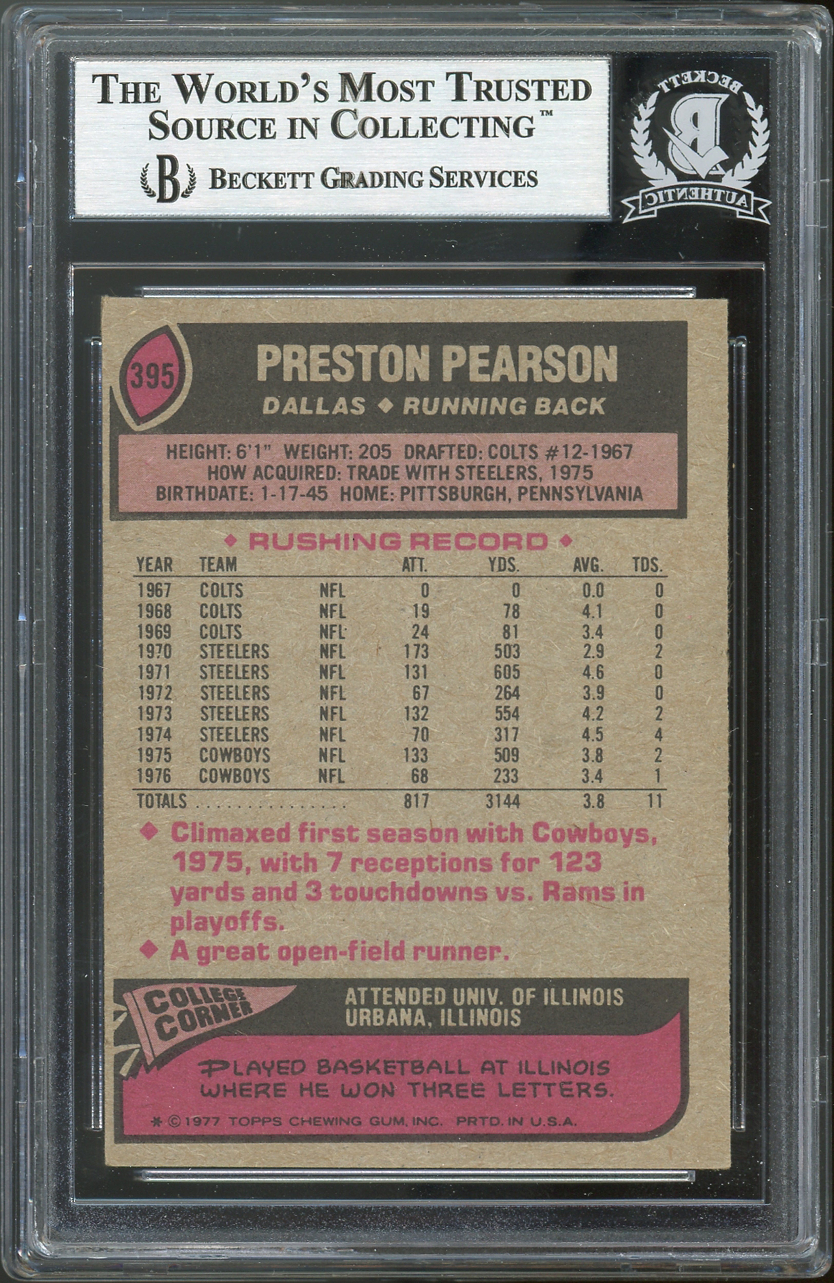 Cowboys Preston Pearson Authentic Signed 1977 Topps #395 Card BAS Slabbed