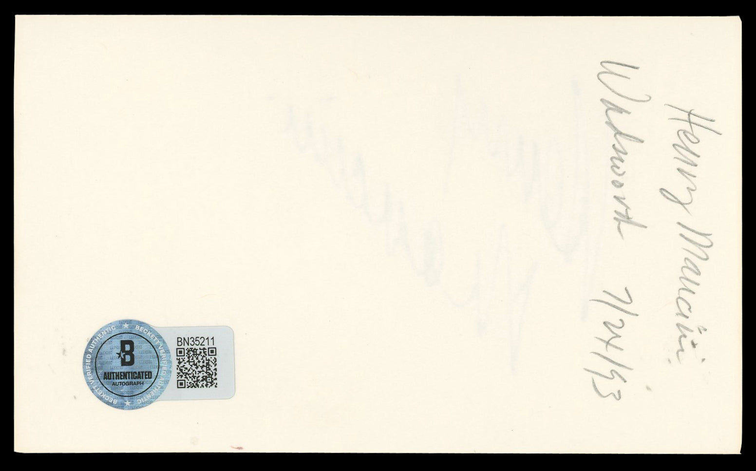 Henry Mancini Musician Authentic Signed 3x5 Index Card Autographed BAS #BN35211