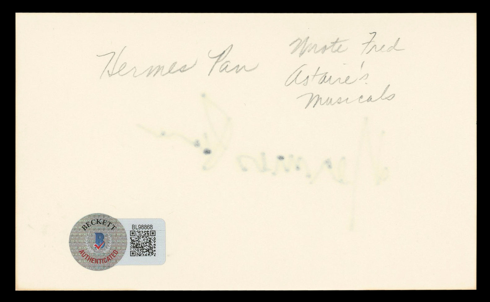 Hermes Pan Top Hat Authentic Signed 3x5 Index Card Autographed BAS #BL98868