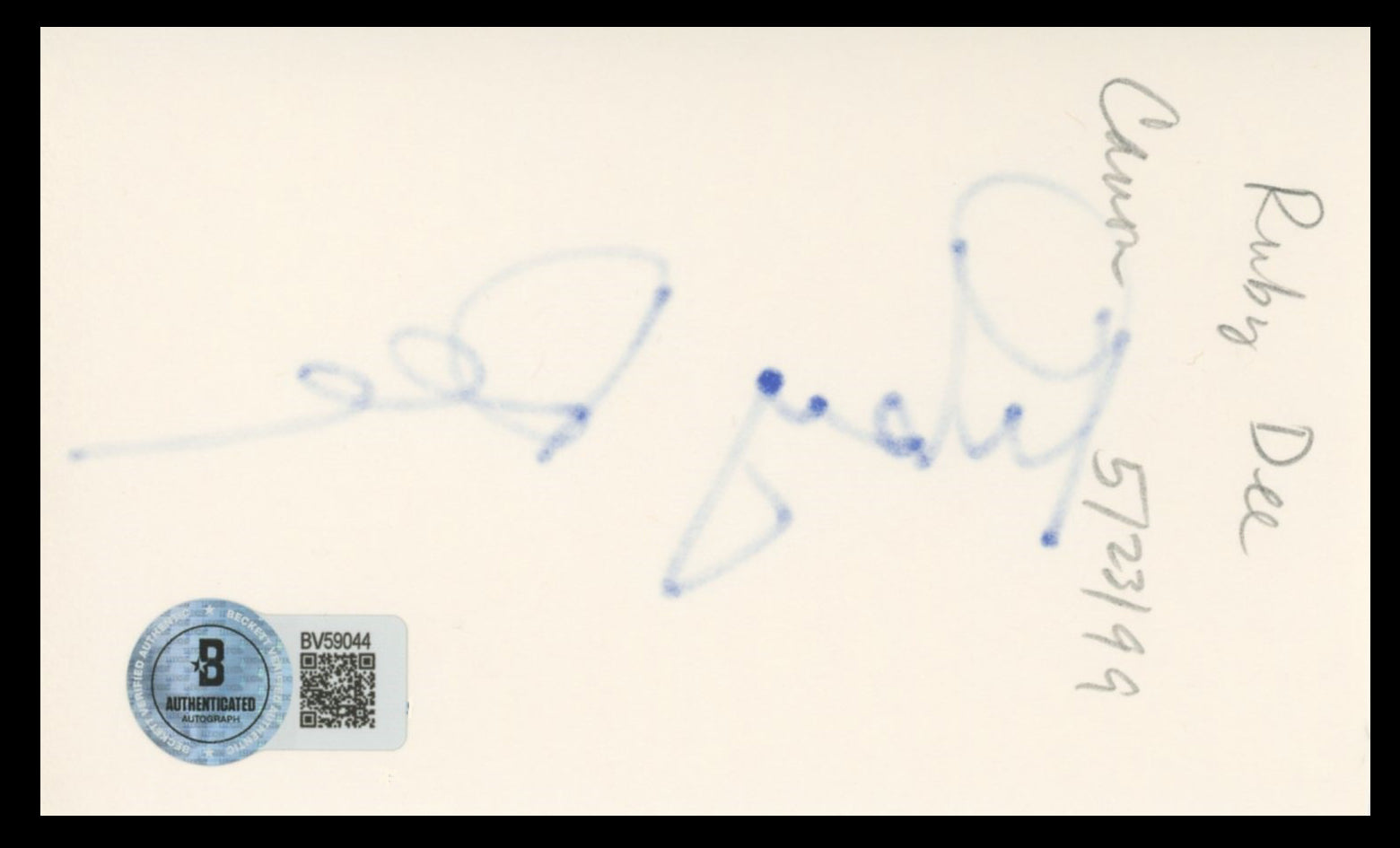 Ruby Dee American Gangster Authentic Signed 3x5 Index Card BAS #BV59044