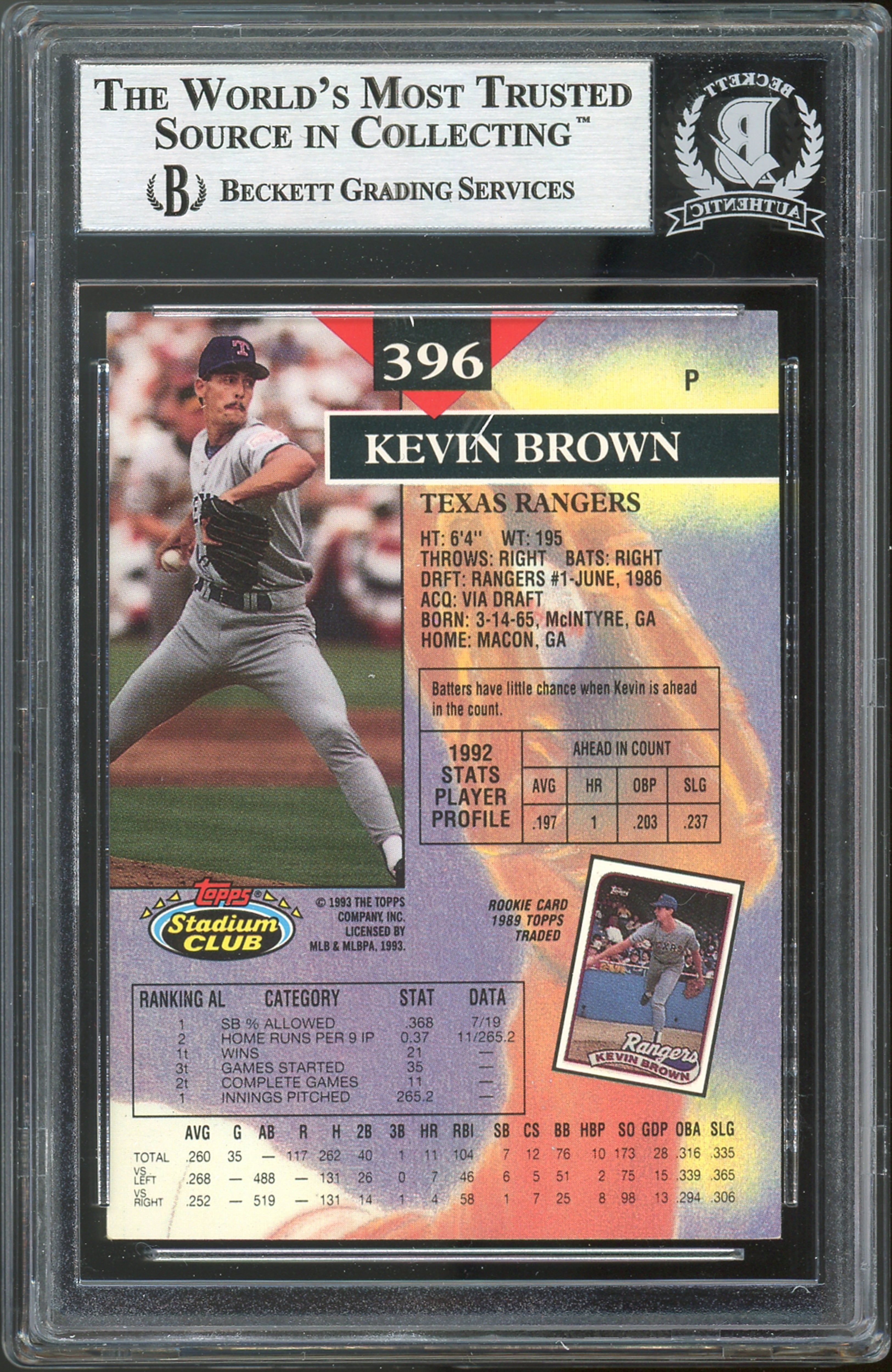 Rangers Kevin Brown Authentic Signed 1993 Stadium Club #396 Card BAS Slabbed