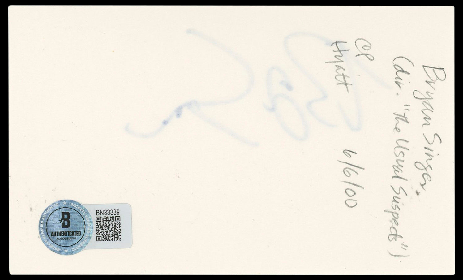 Bryan Singer The Usual Suspects Authentic Signed 3x5 Index Card BAS #BN33339