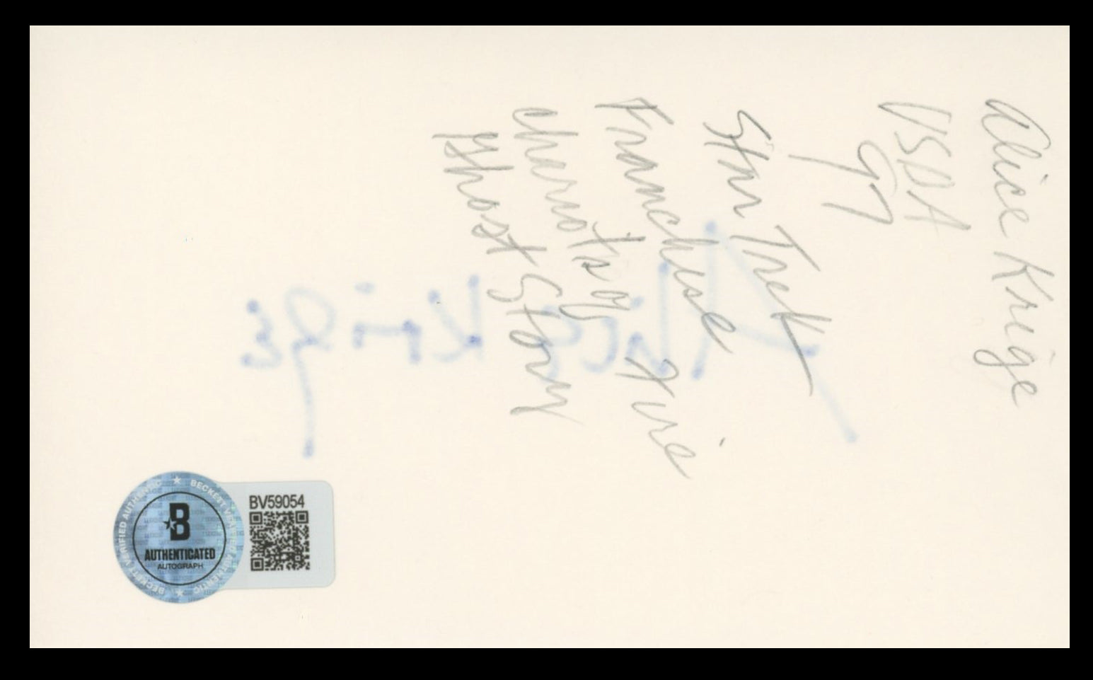 Alice Krige Star Trek First Contact Authentic Signed 3x5 Index Card BAS #BV59054
