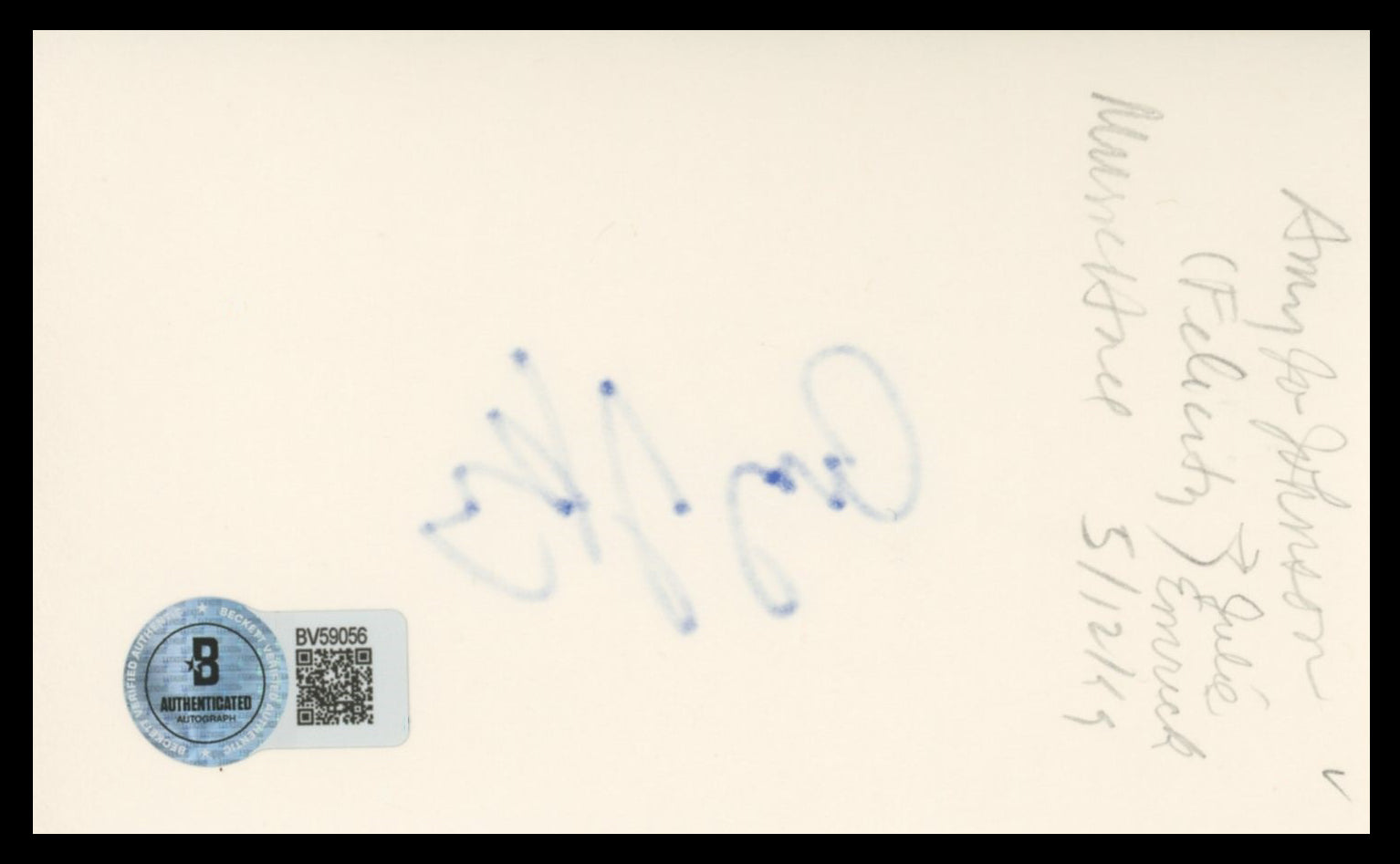 Amy Jo Johnson Power Rangers Authentic Signed 3x5 Index Card BAS #BV59056