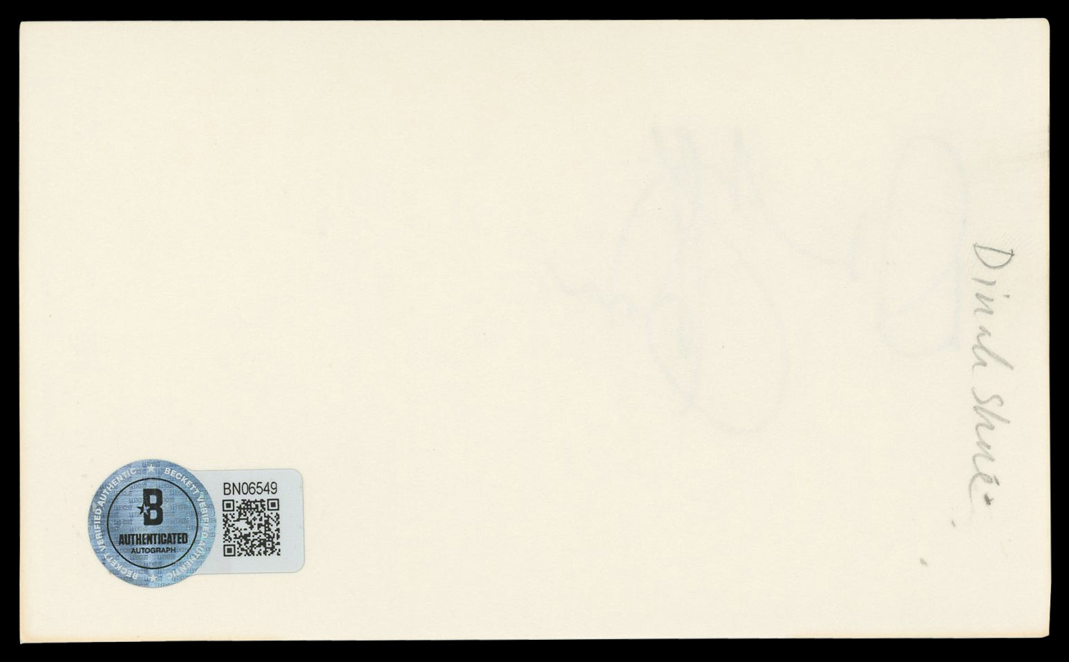 Dinah Shore Belle of the Yukon Authentic Signed 3x5 Index Card BAS #BN06549
