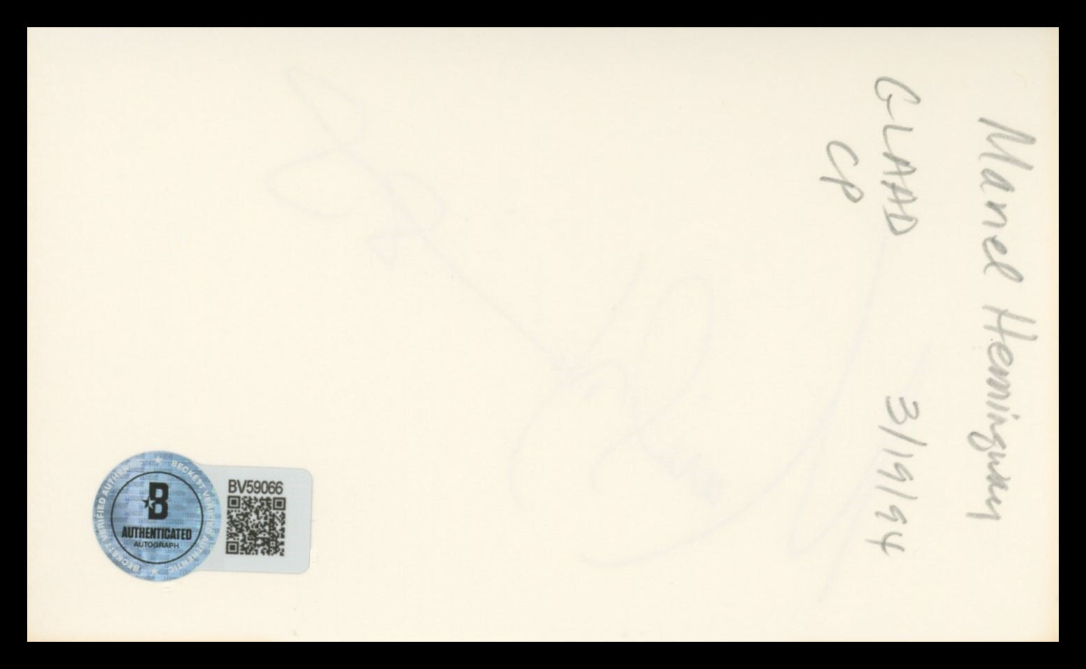 Mariel Hemingway Manhattan Authentic Signed 3x5 Index Card BAS #BV59066