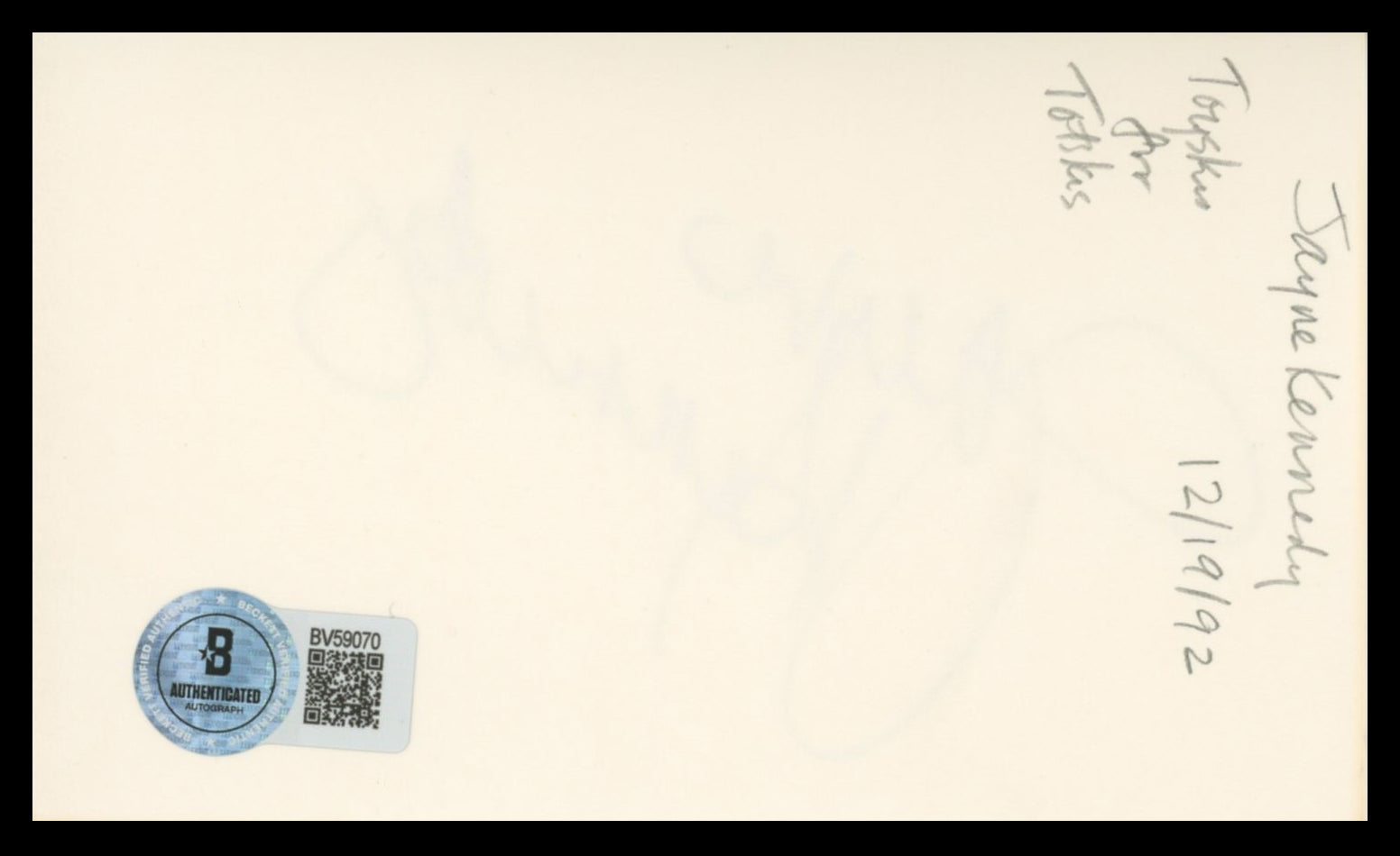 Jayne Kennedy Body and Soul Authentic Signed 3x5 Index Card BAS #BV59070