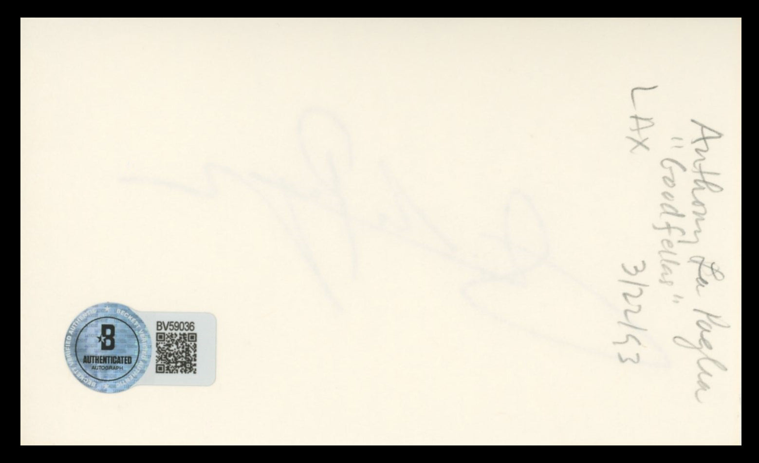 Anthony LaPaglia Without a Trace Authentic Signed 3x5 Index Card BAS #BV59036