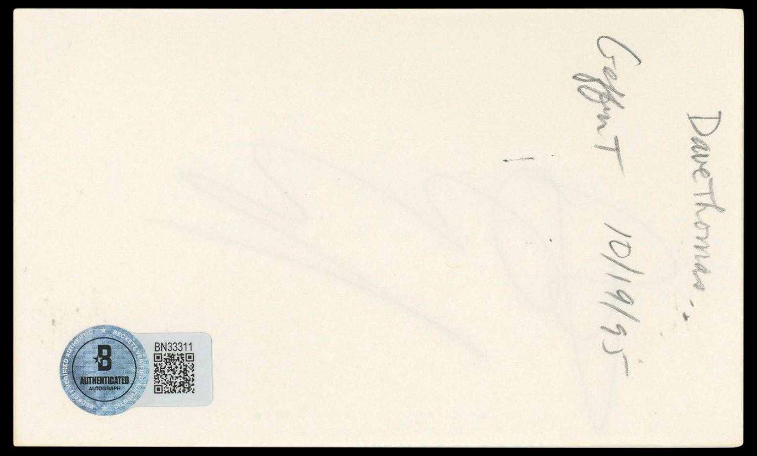 Dave Thomas Rat Race Authentic Signed 3x5 Index Card Autographed BAS #BN33311